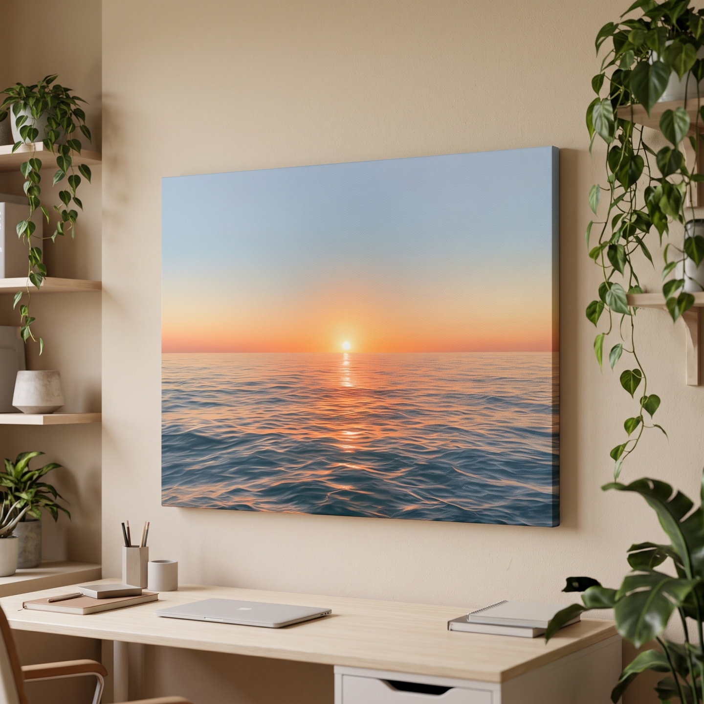 Mockup: Golden Hour Ocean Sunset Drawing - Tranquil Horizon Wall Art