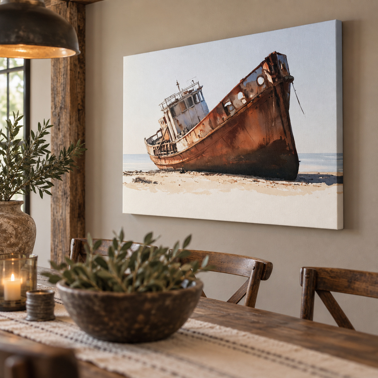 Mockup: Rustic Shipwreck Watercolour Painting - Weathered Beach Nautical Wall Art