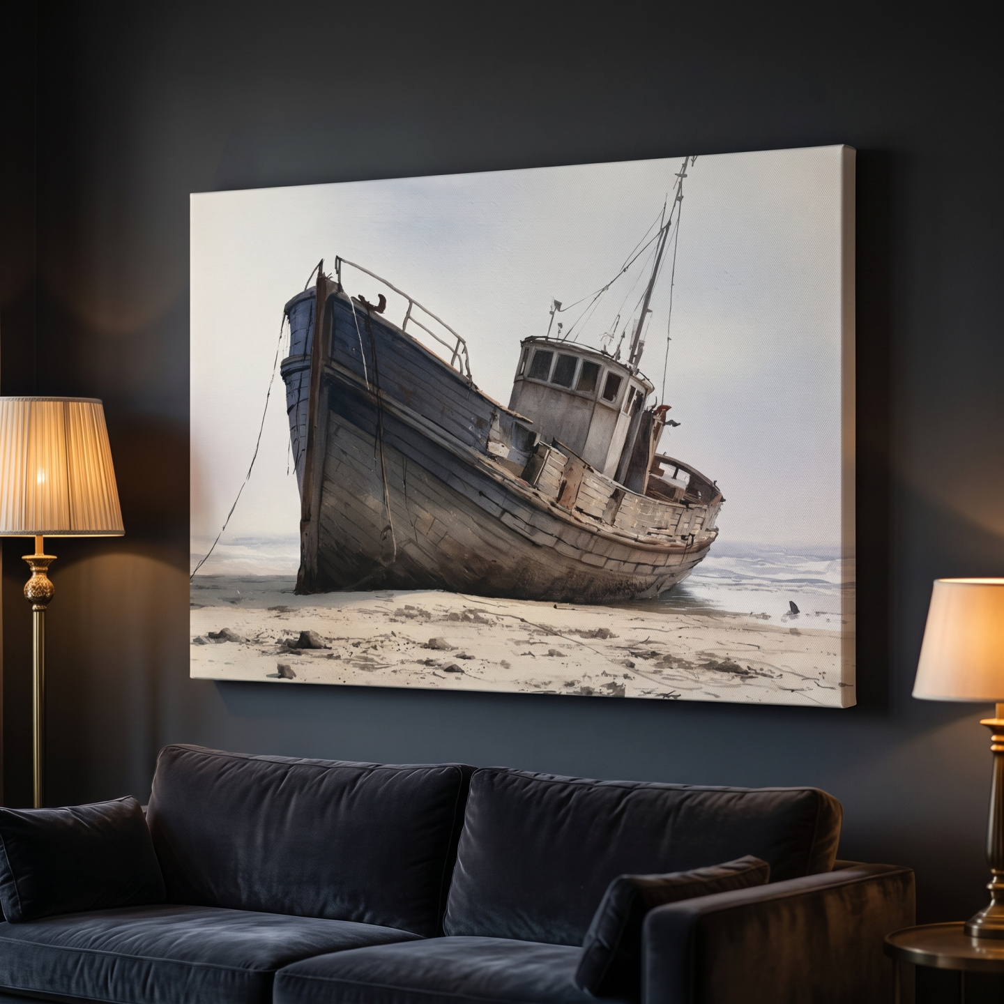 Mockup: Rustic Shipwreck Watercolour Painting - Weathered Nautical Beach Wall Art