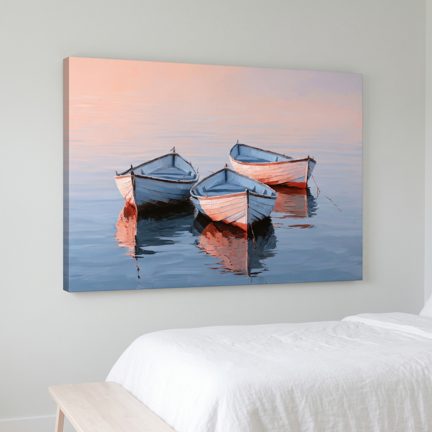 Mockup: Three Rowboats on Still Water - Impasto Style Nautical Painting Art