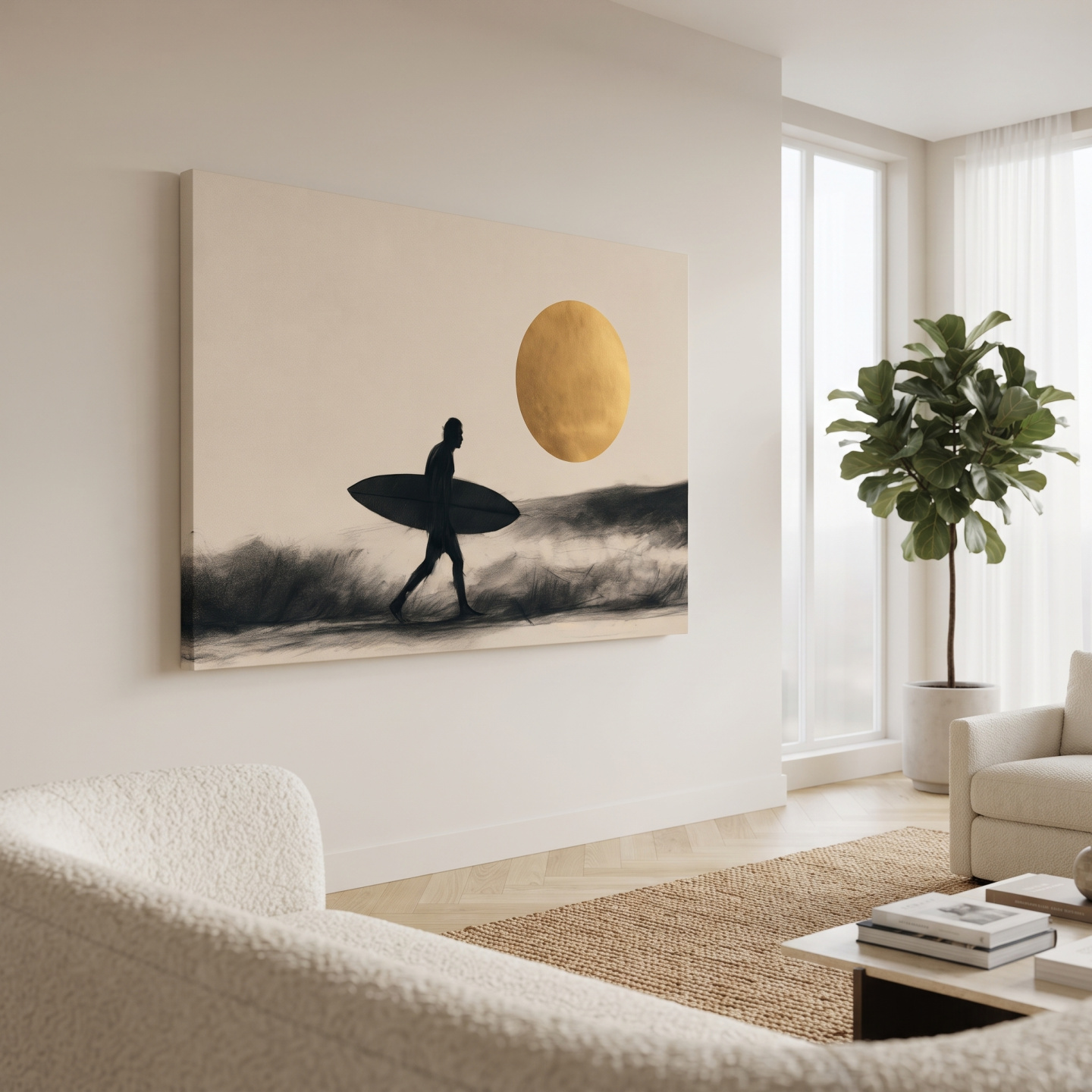 Mockup: Surfer Silhouette Drawing - Golden Sunset Beach Wall Art
