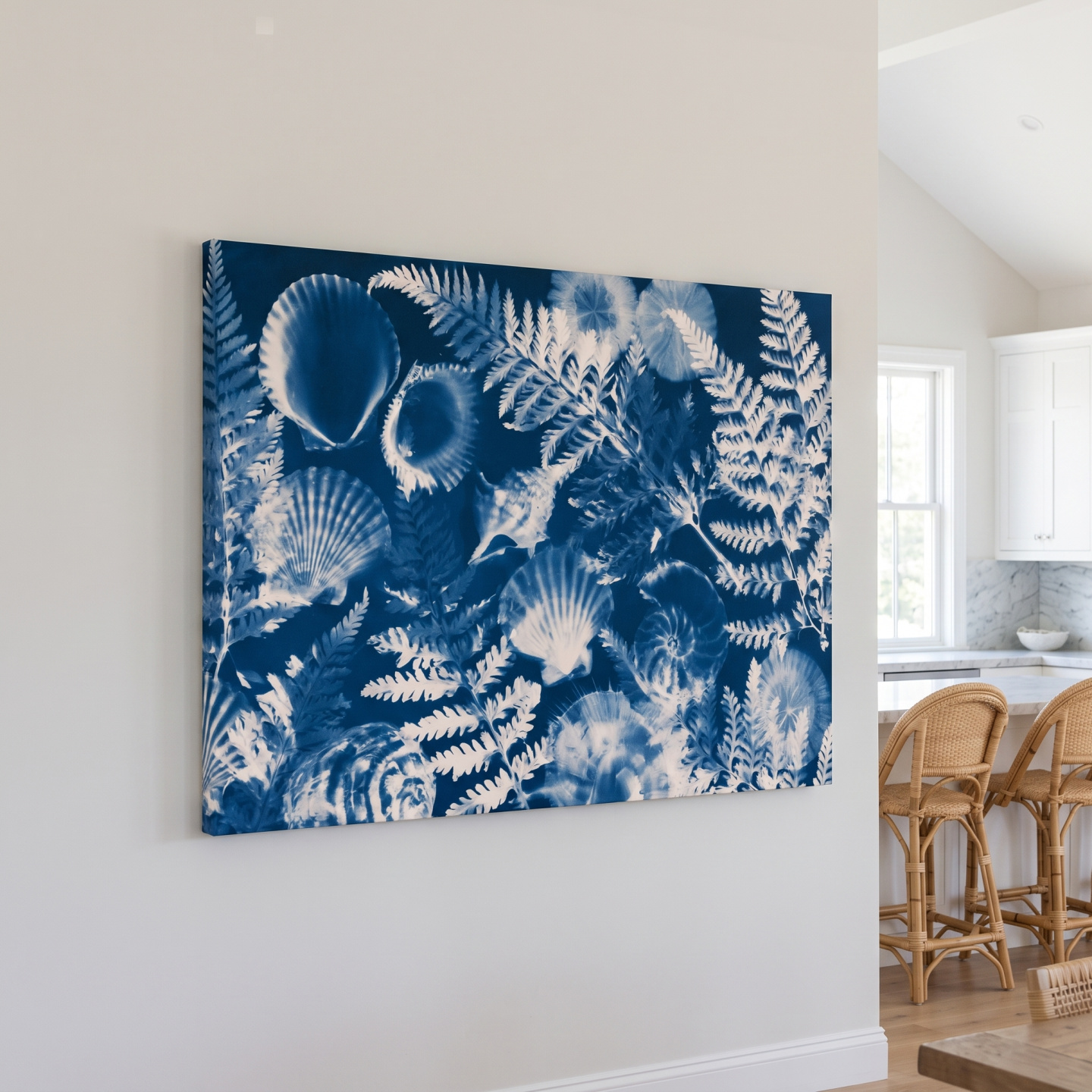 Mockup: Cyanotype Seashell And Fern Illustration - Hamptons Tropical Wall Art