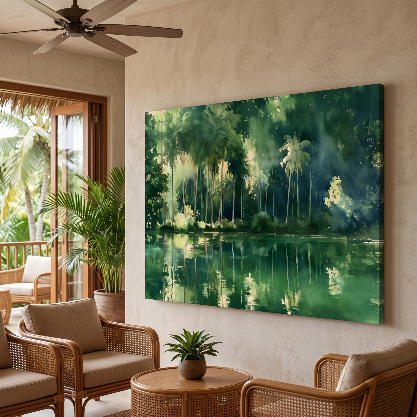 Mockup: Tropical Palm Lagoon Watercolour - Lush Island Landscape Wall Art