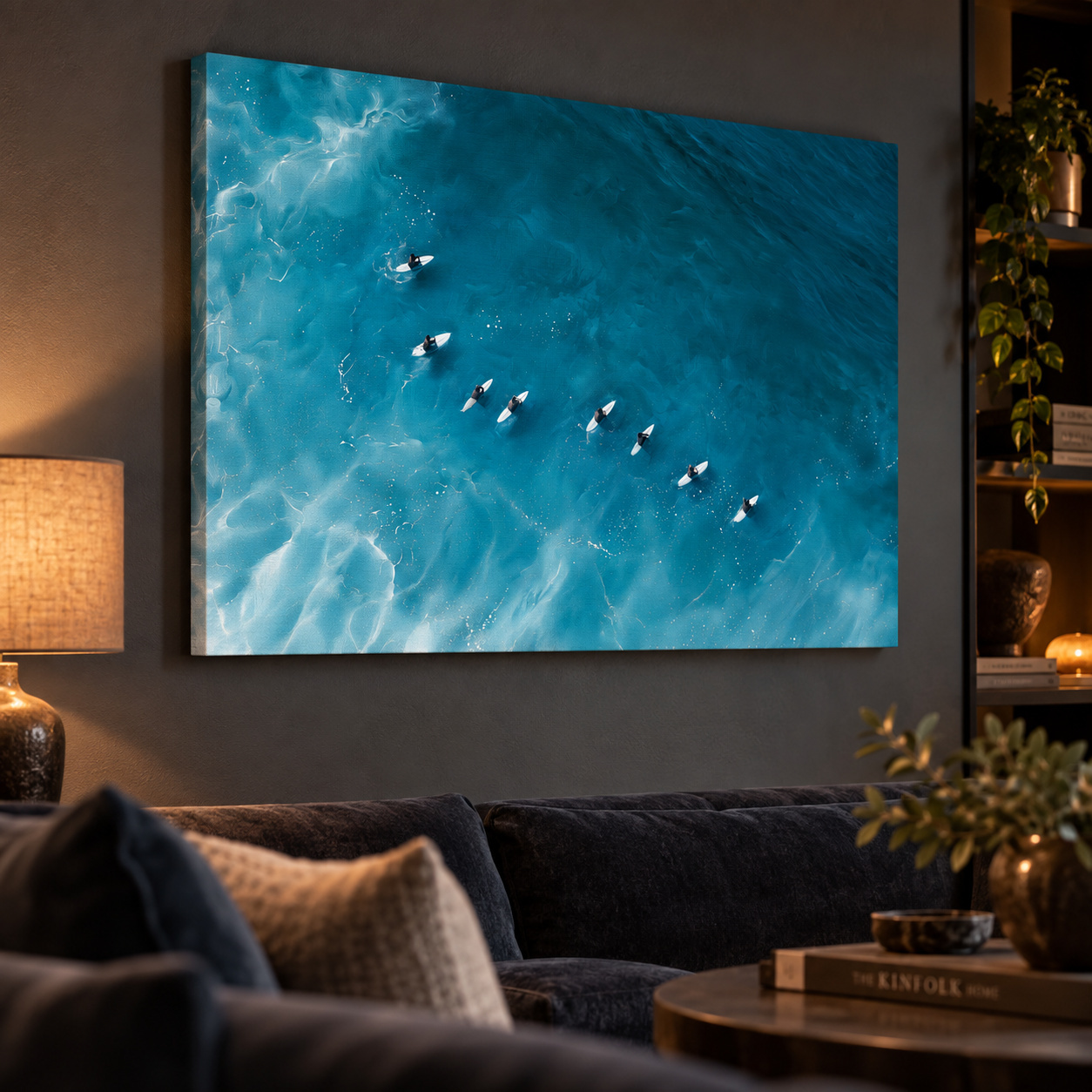 Mockup: Aerial Surfers Painting - Serene Ocean Wall Art