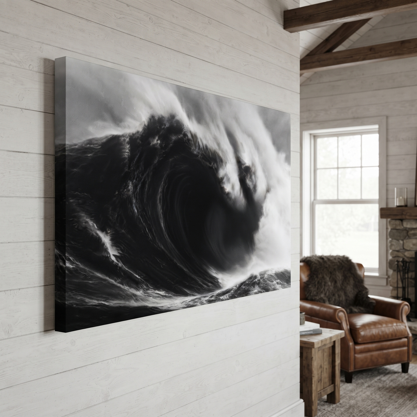 Mockup: Abstract Monochrome Crashing Wave Drawing - Dramatic Ocean Wall Art