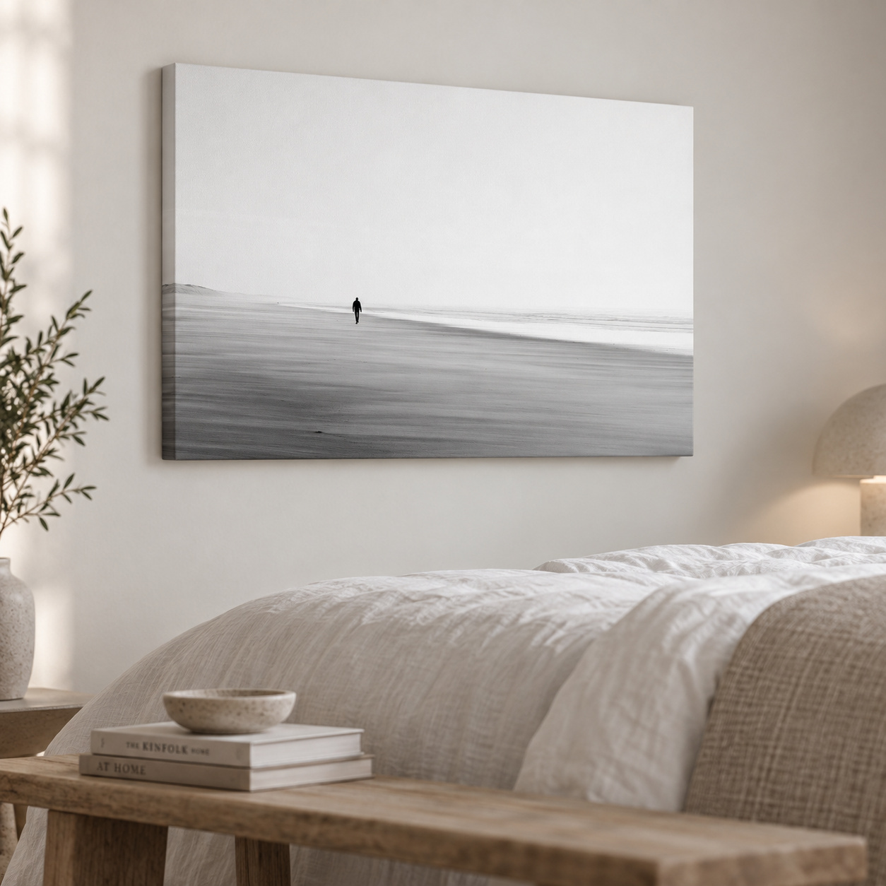 Mockup: Misty Solitary Figure Beach Painting - Minimalist Shore Wall Art