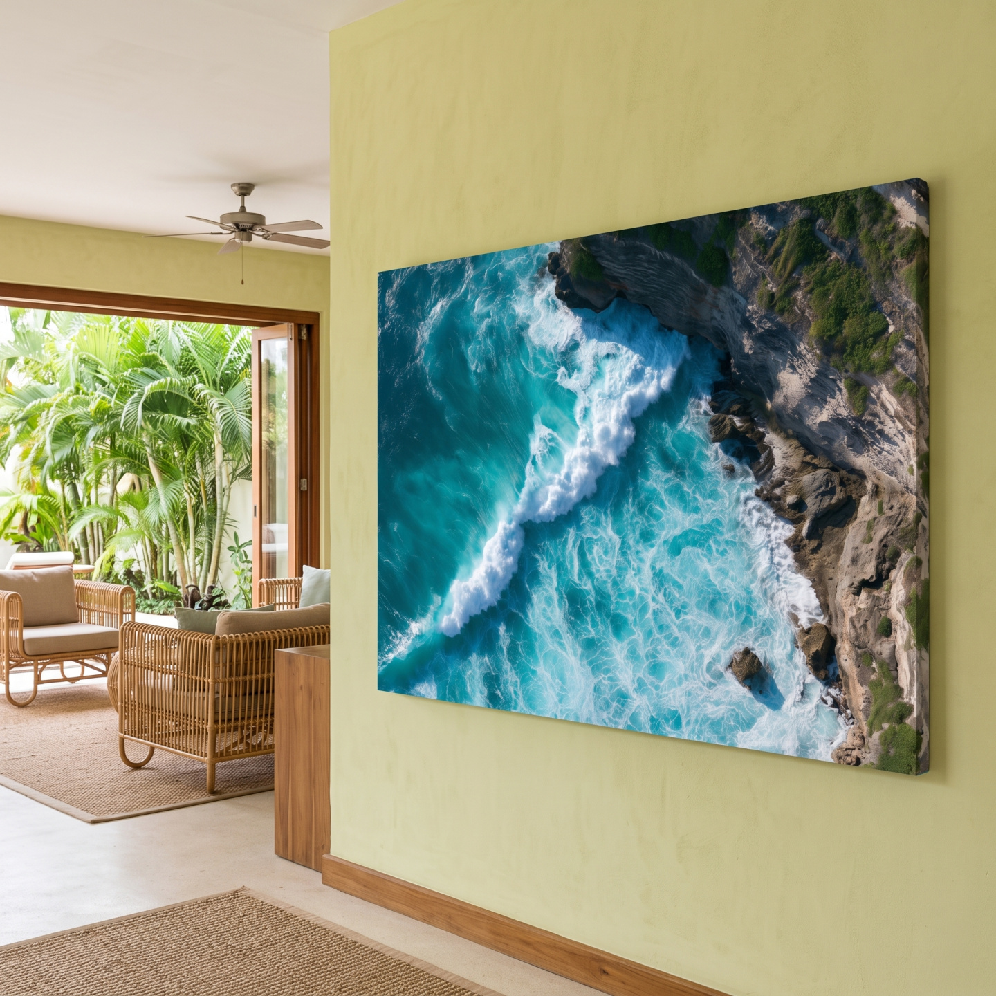 Mockup: Aerial Tropical Waves & Rocky Coastline - Abstract Photographic Wall Art