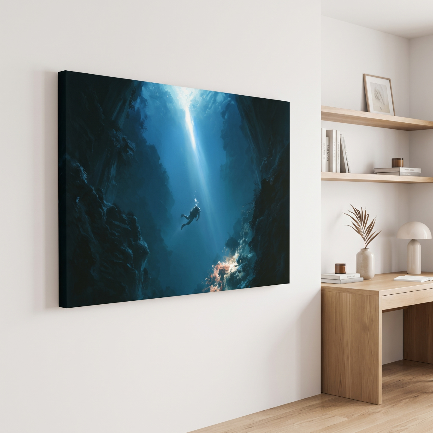 Mockup: Surreal Underwater Scuba Diver Painting - Dramatic Deep Sea Wall Art
