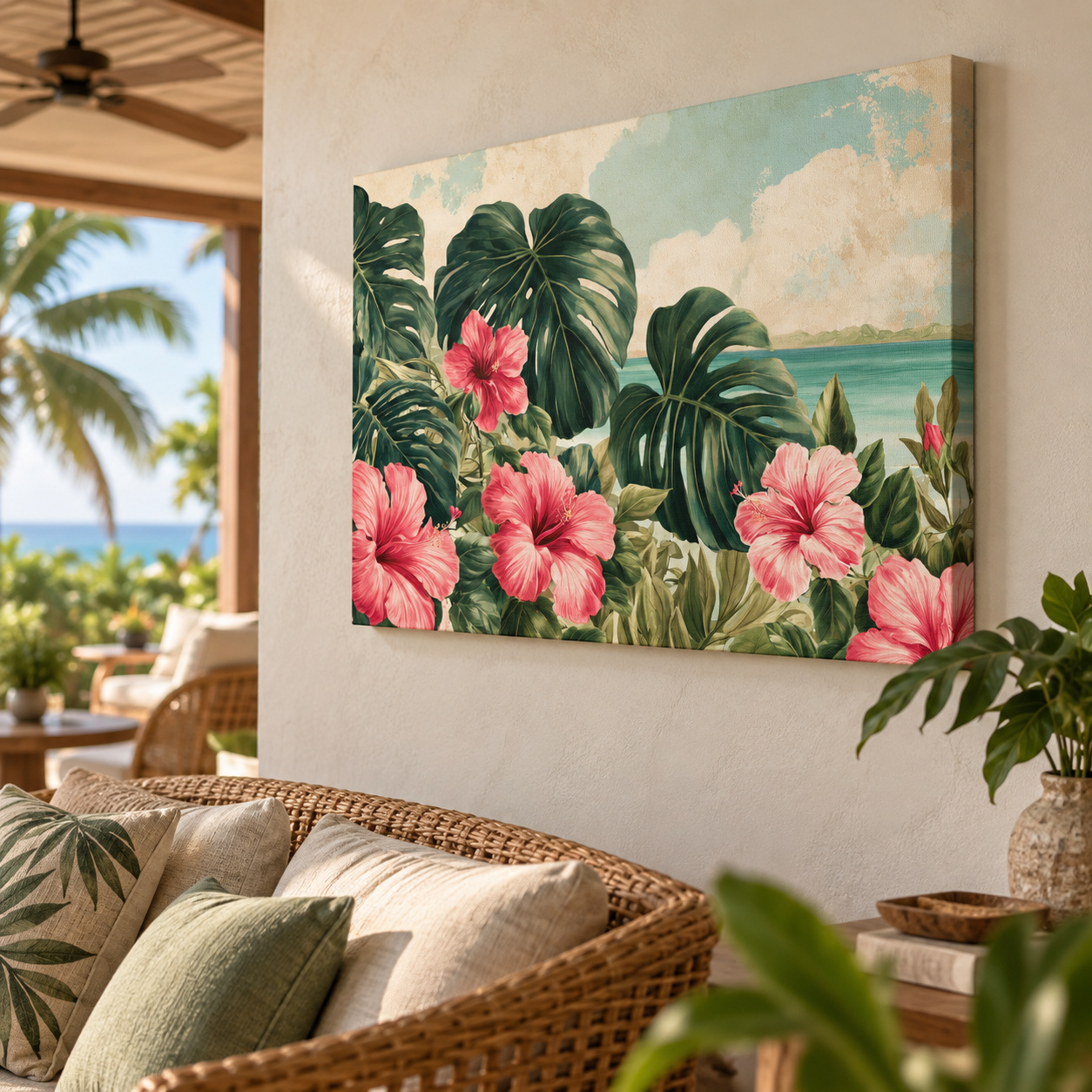 Mockup: Tropical Hibiscus And Monstera Watercolour - Coastal Botanical Wall Art