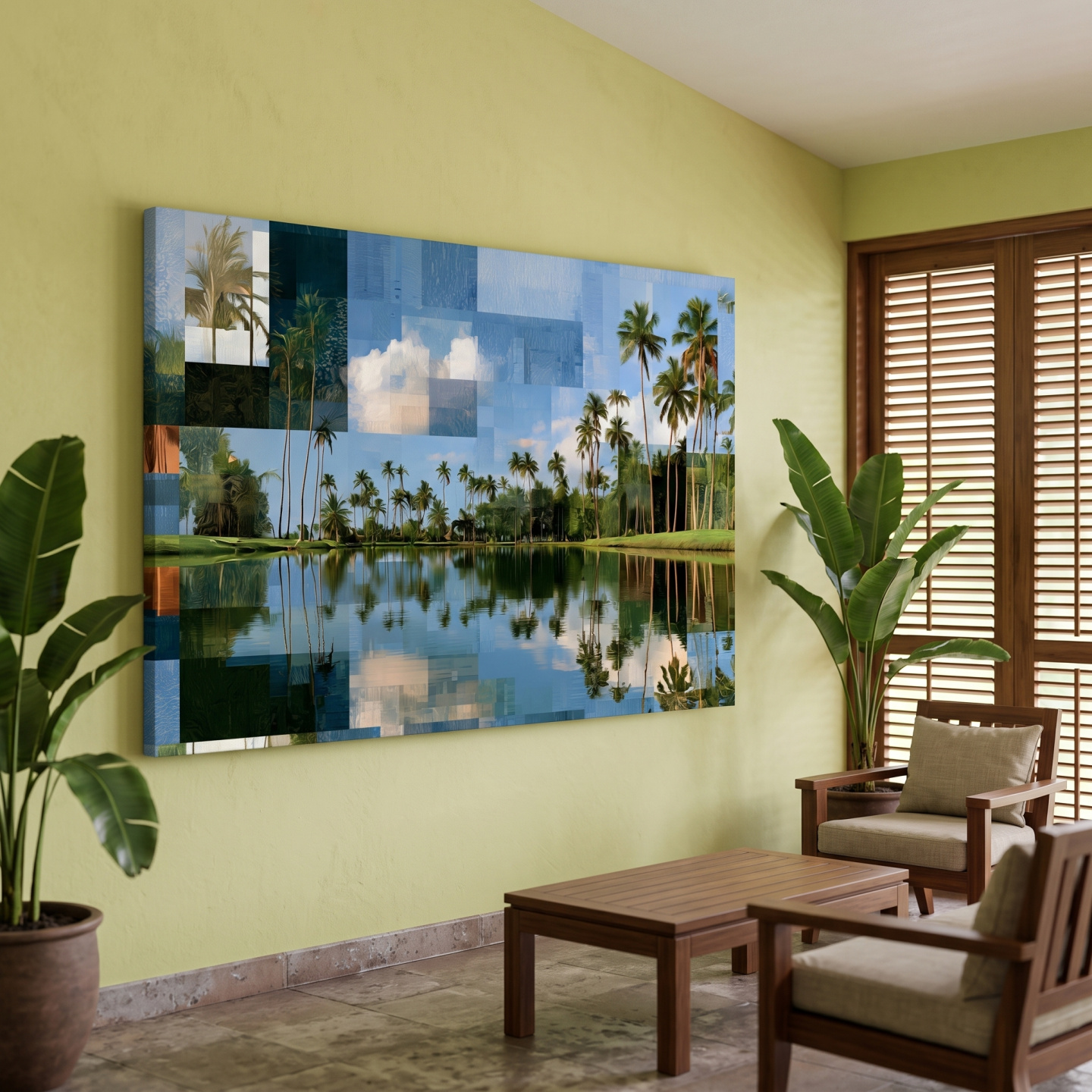 Mockup: Geometric Tropical Lagoon Palm Reflections - Abstract Illustration Wall Art