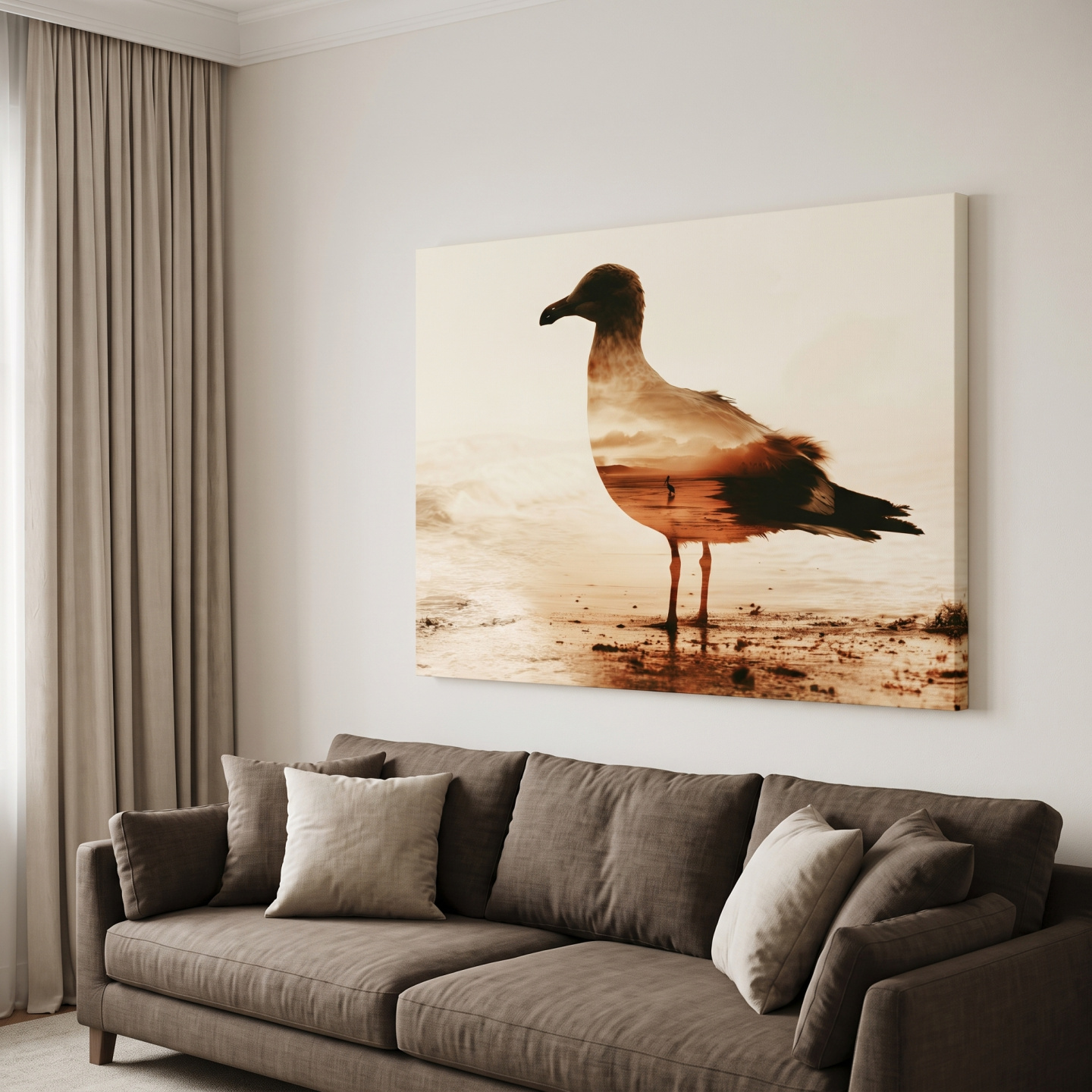 Mockup: Seagull Silhouette Double Exposure - Beach Photographic Wall Art