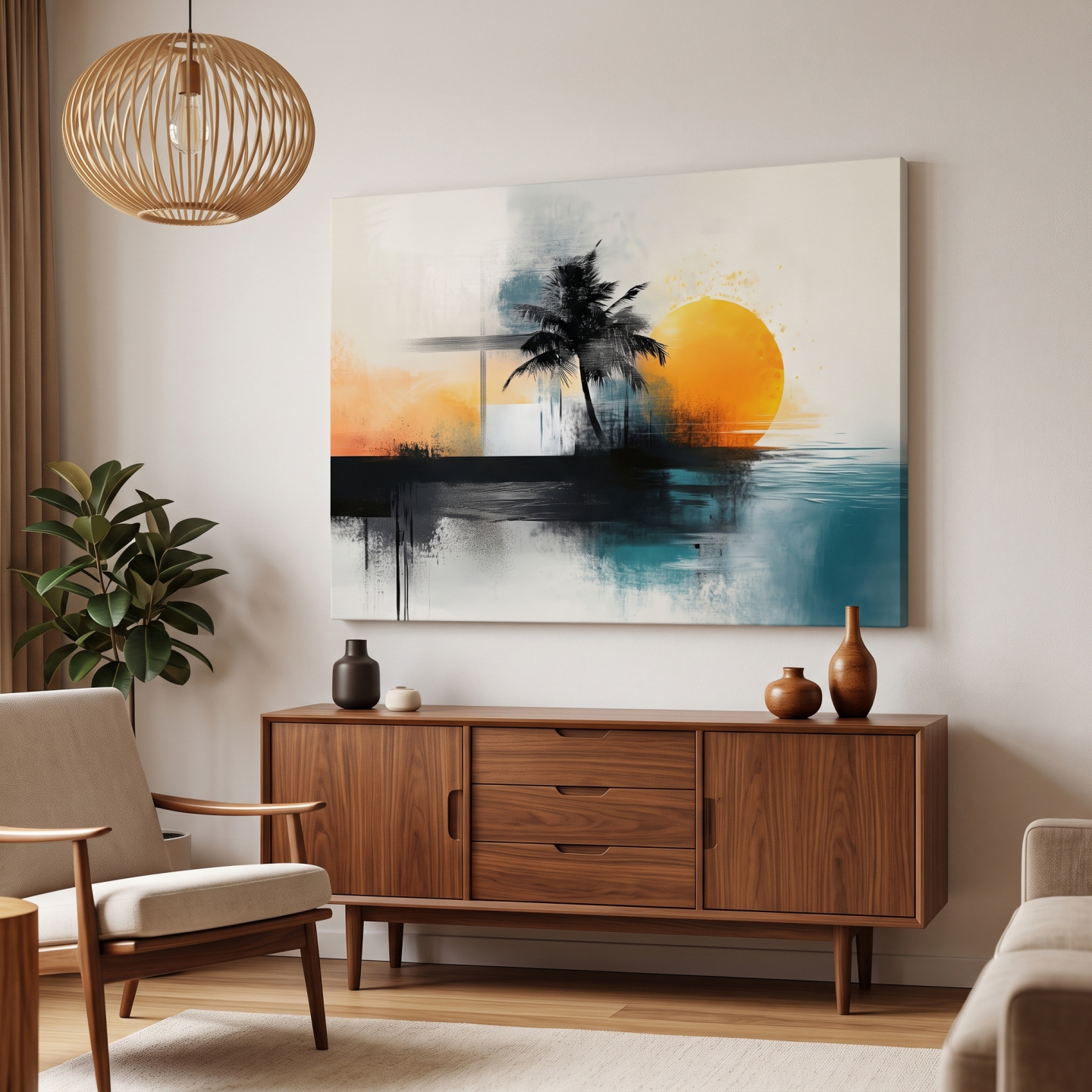 Mockup: Abstract Tropical Palm Sunset Painting - Beach Horizon Wall Art
