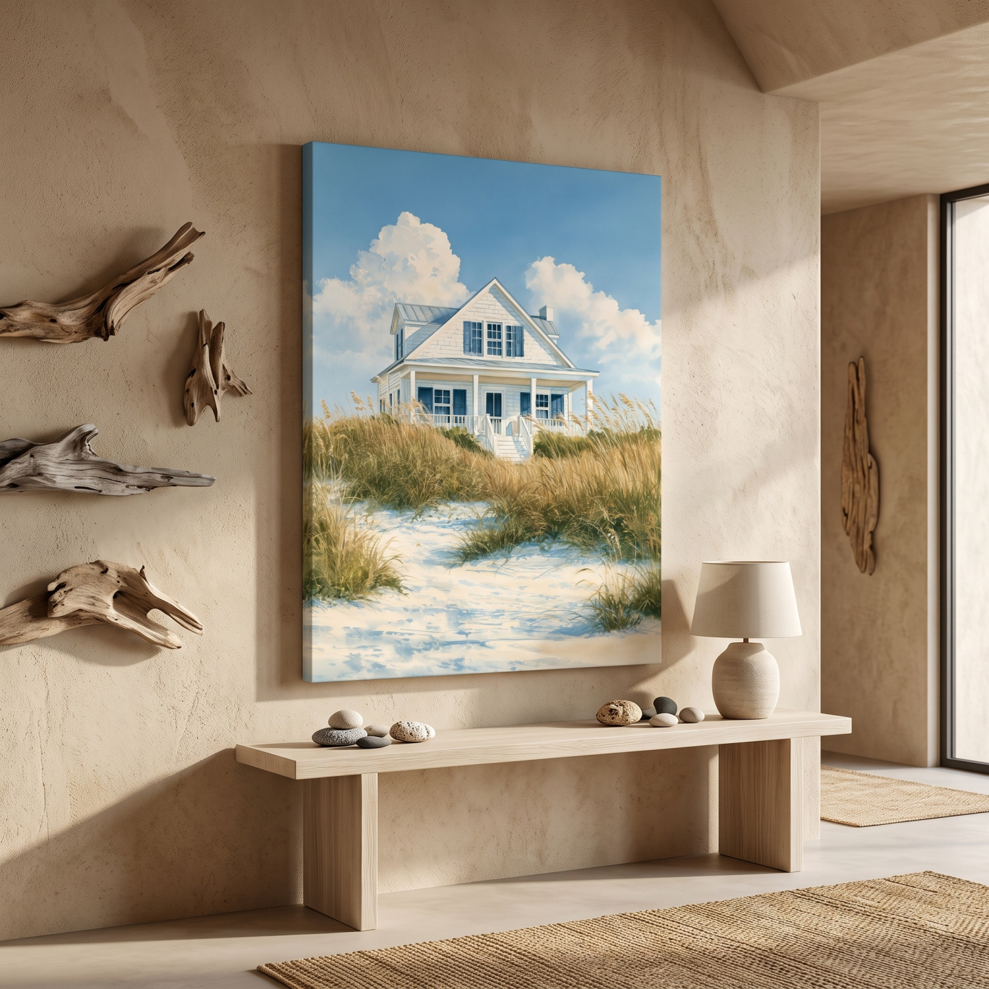 Mockup: Serene Beach Cottage Painting - Coastal Dune Wall Art