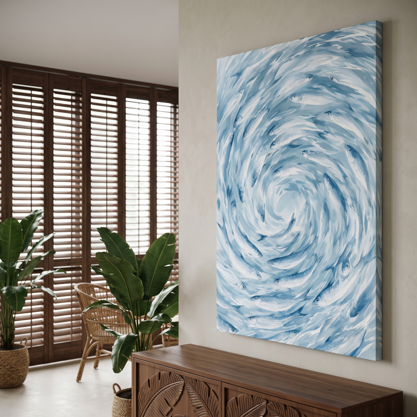 Mockup: Whirling School Of Fish Painting - Serene Marine Life Wall Art