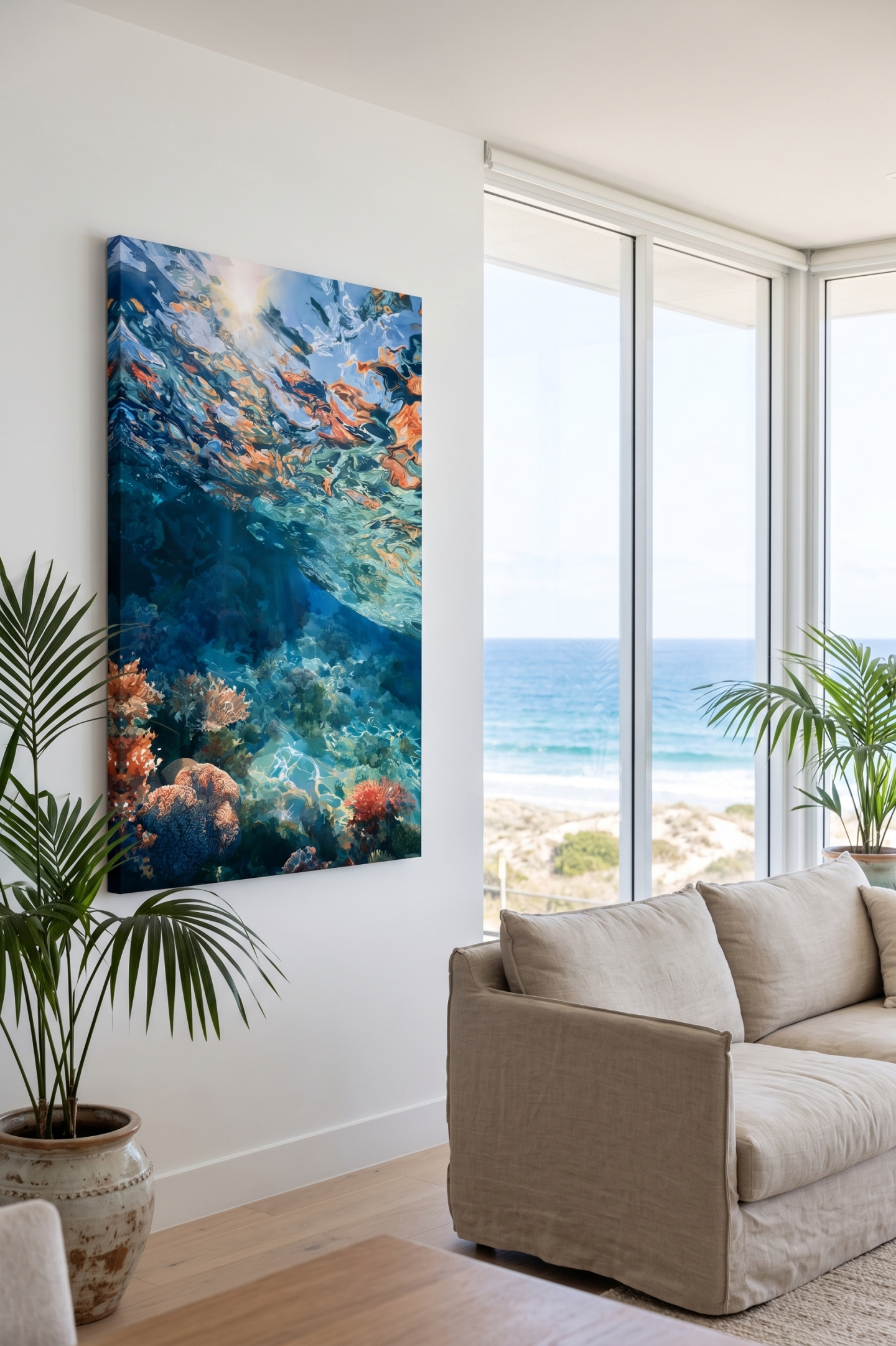 Mockup: Sunlit Underwater Coral Reef Painting - Vibrant Marine Wall Art