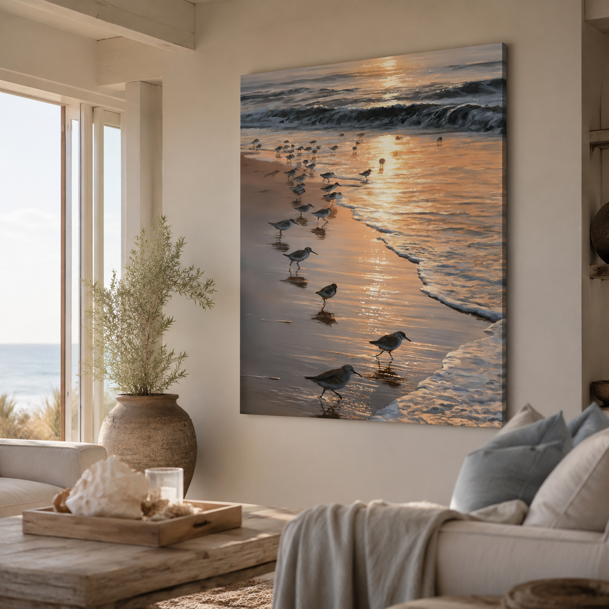Mockup: Shorebird Flock at Golden Sunset - Watercolour Beach Wall Art