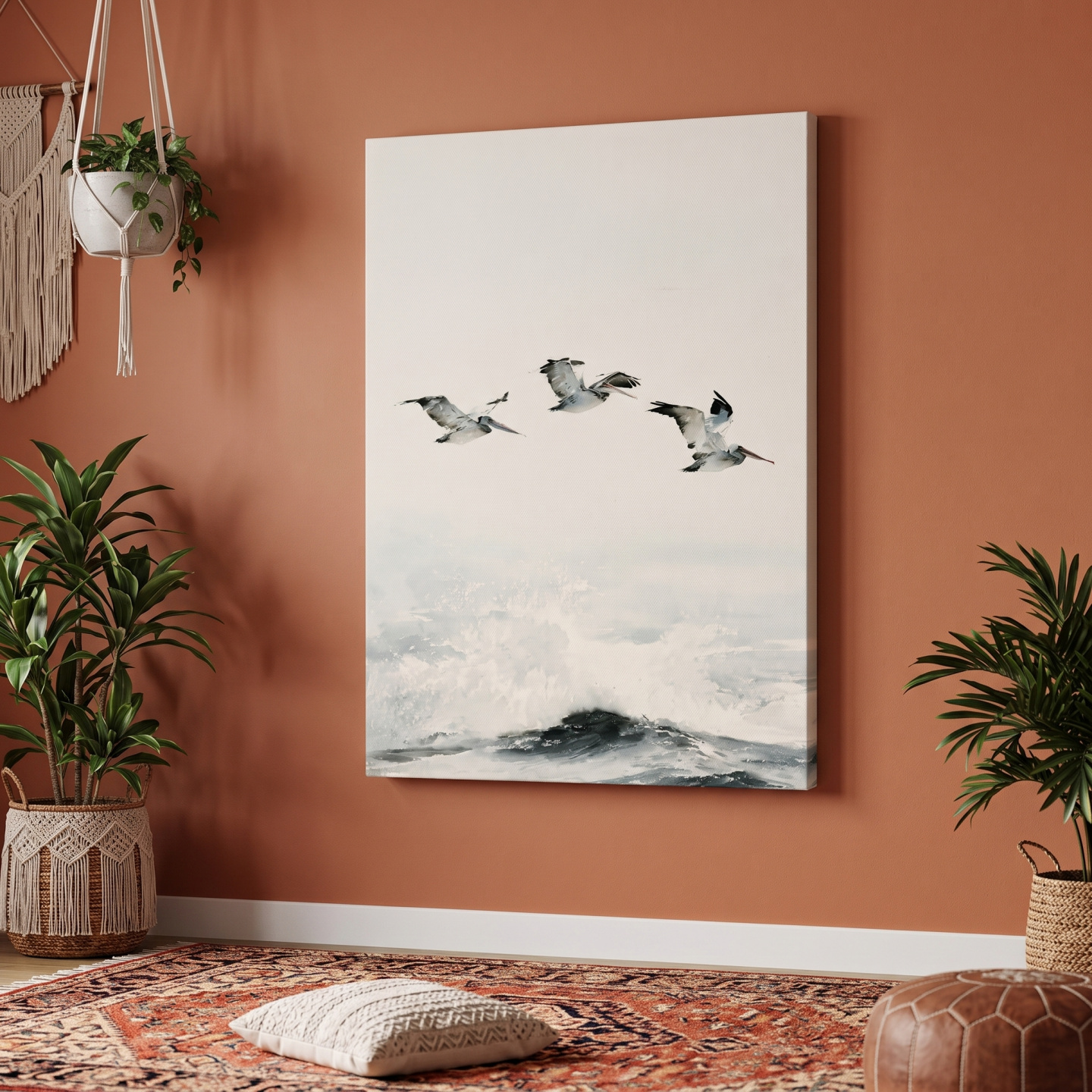 Mockup: Graceful Pelicans Over Crashing Waves - Minimalist Seascape Watercolor Wall Art