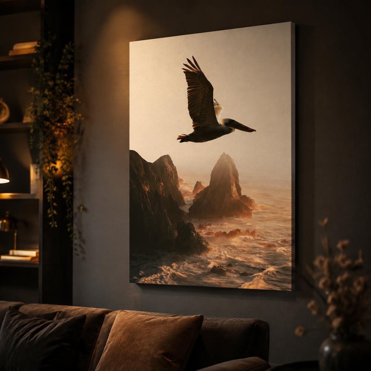 Mockup: Golden Hour Pelican Flight - Dramatic Coastal Cliff Photographic Wall Art
