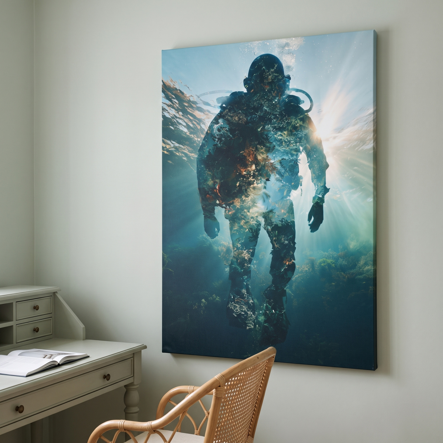 Mockup: Surreal Scuba Diver Double Exposure - Photographic Wall Art