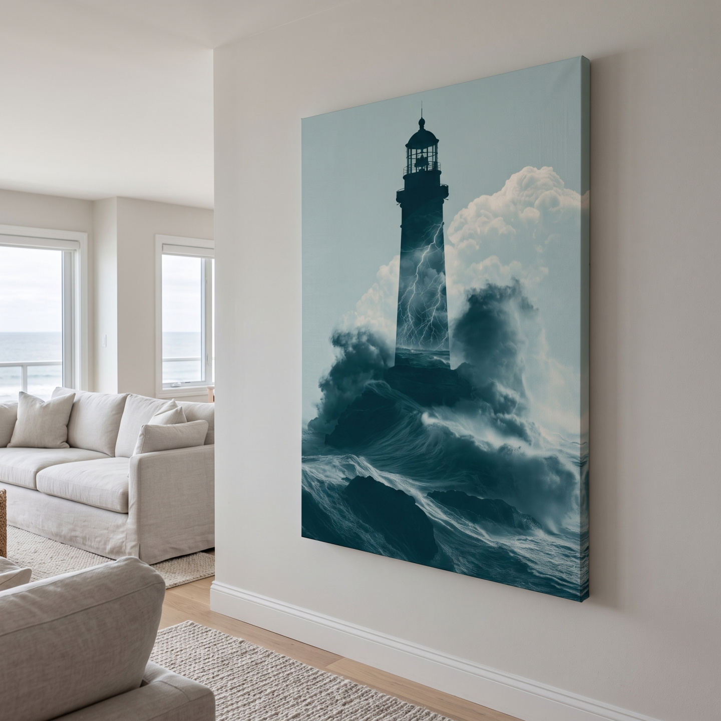 Mockup: Surreal Storm Lighthouse Double Exposure - Dramatic Ocean Illustration Wall Art