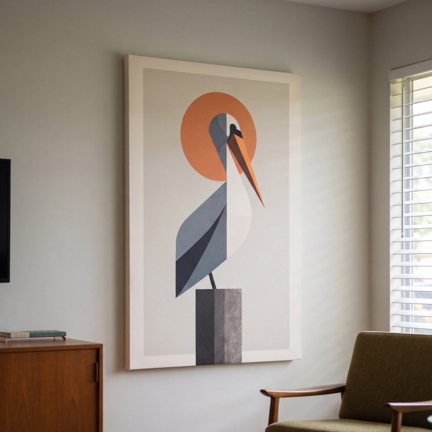 Mockup: Mid-Century Geometric Pelican - Minimalist Coastal Illustration Wall Art