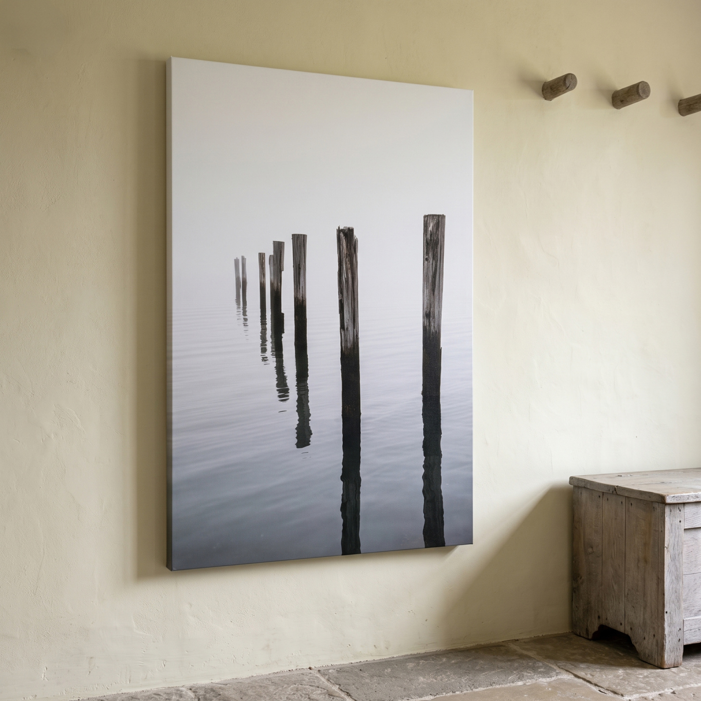 Mockup: Misty Weathered Wooden Pilings - Minimalist Photographic Wall Art
