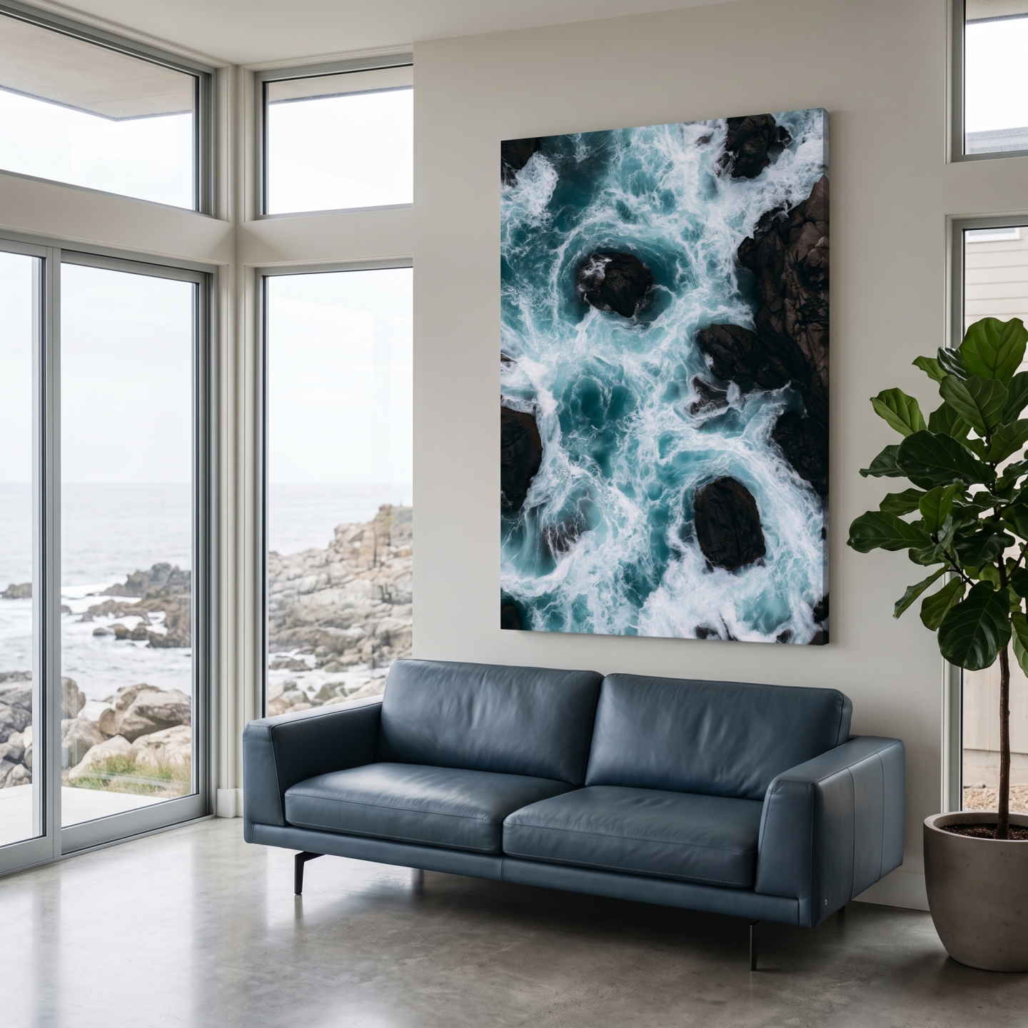 Mockup: Aerial Crashing Waves Over Rocky Shore - Dramatic Photographic Wall Art
