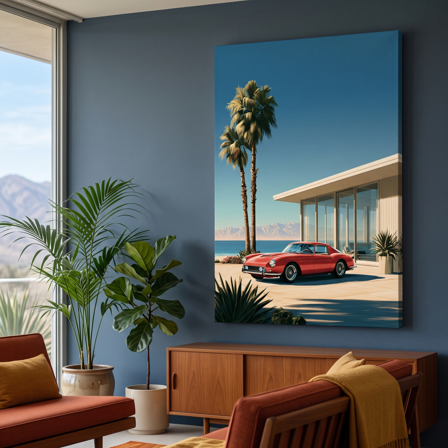 Mockup: 1950s Modernist Palm Springs Car Illustration - Mid Century Coastal Wall Art