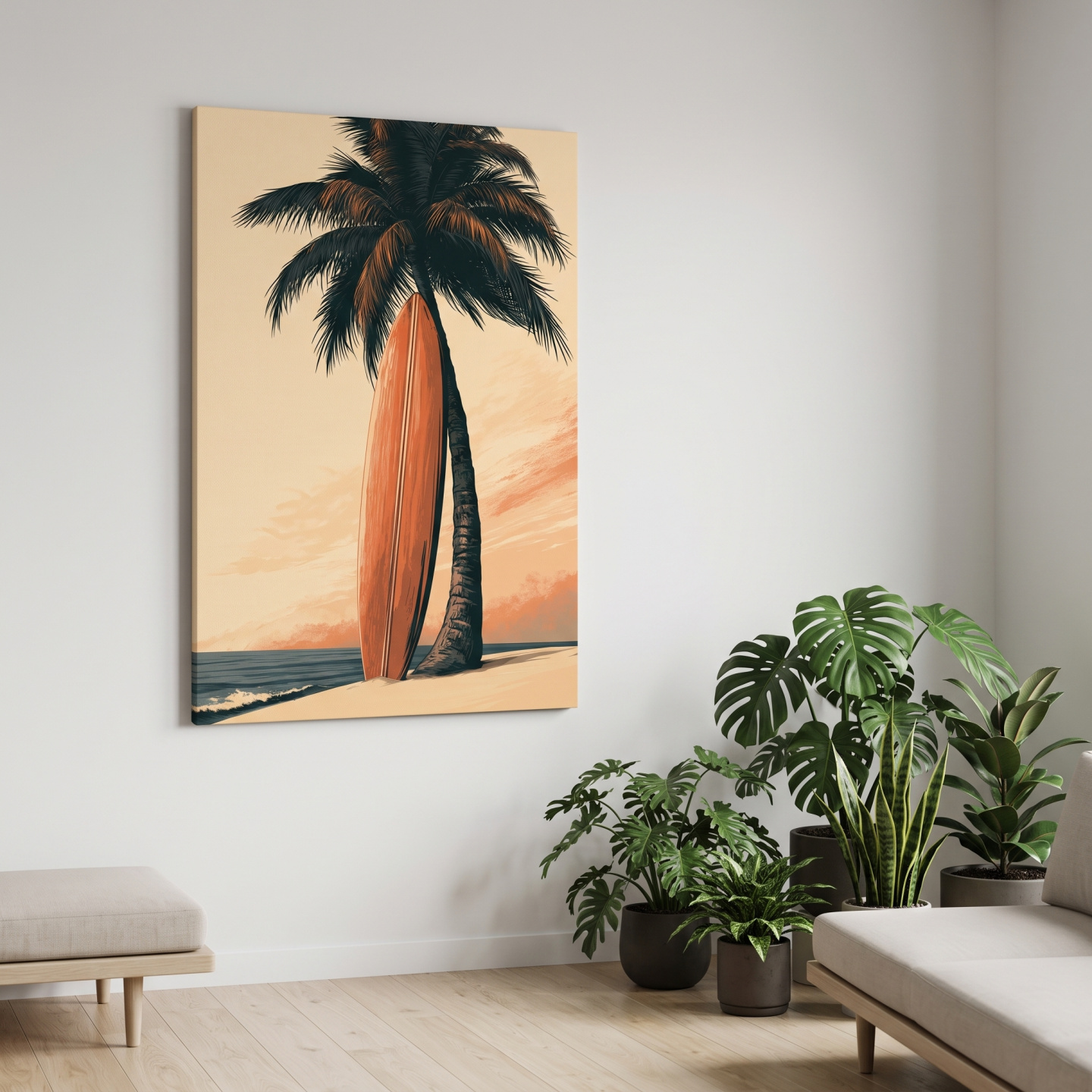 Mockup: Retro Surfboard Palm Tree Illustration - Boho Tropical Wall Art