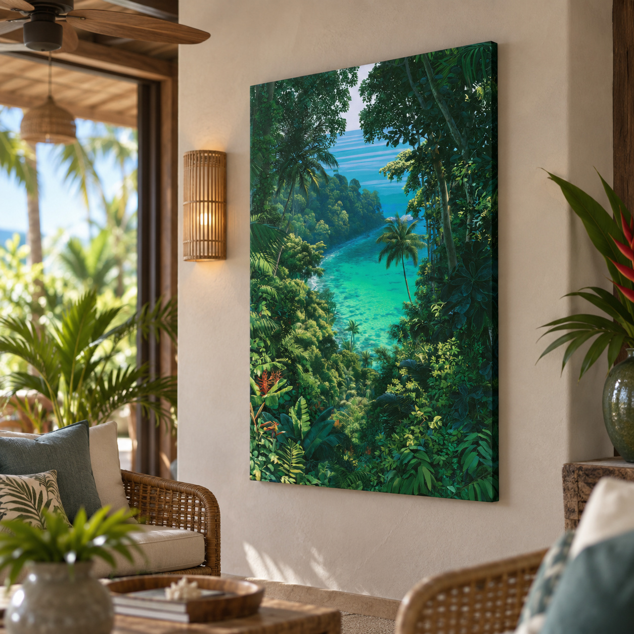 Mockup: Lush Tropical Jungle Lagoon - Exotic Island Painting Wall Art