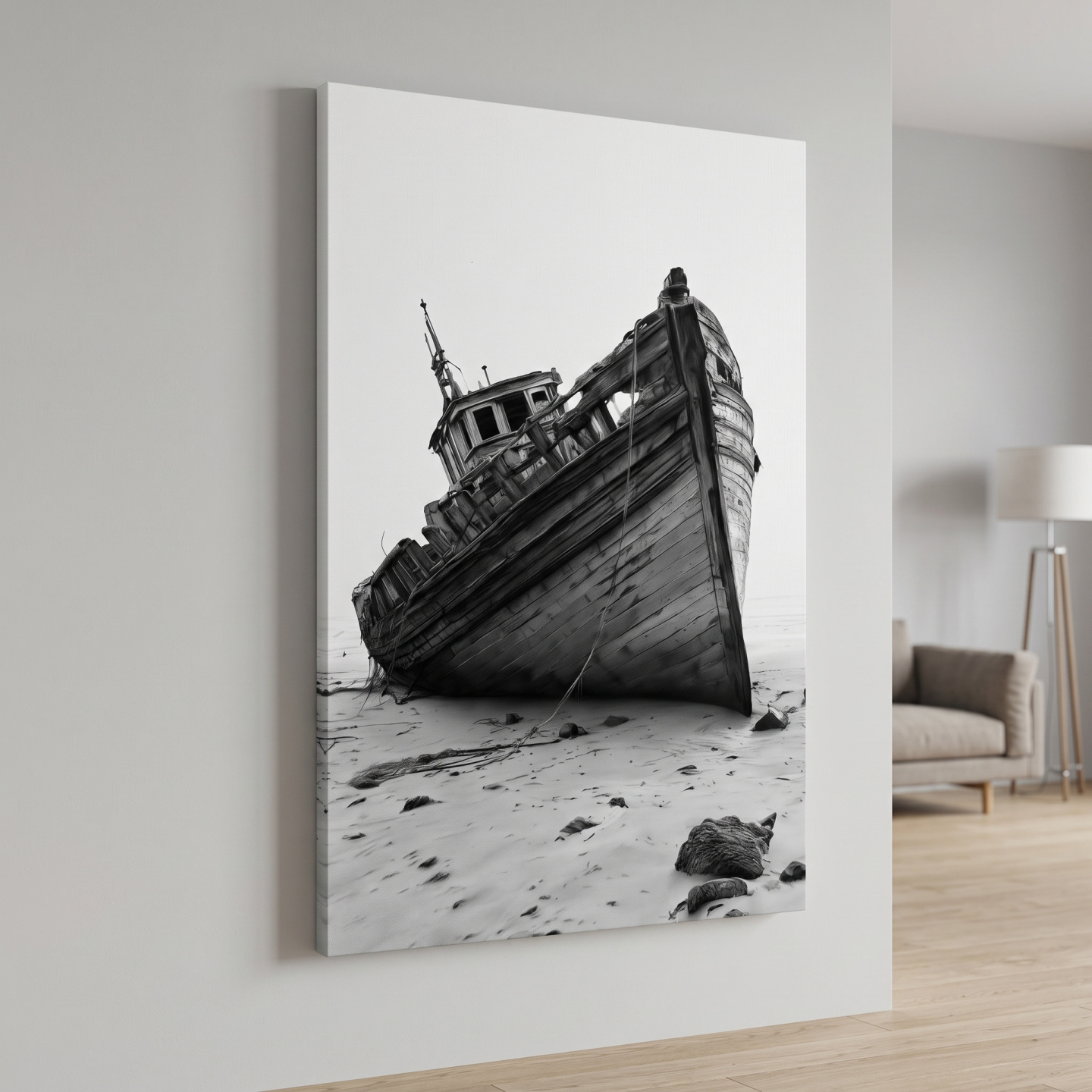 Mockup: Abandoned Wooden Fishing Boat Drawing - Moody Nautical Beach Wall Art
