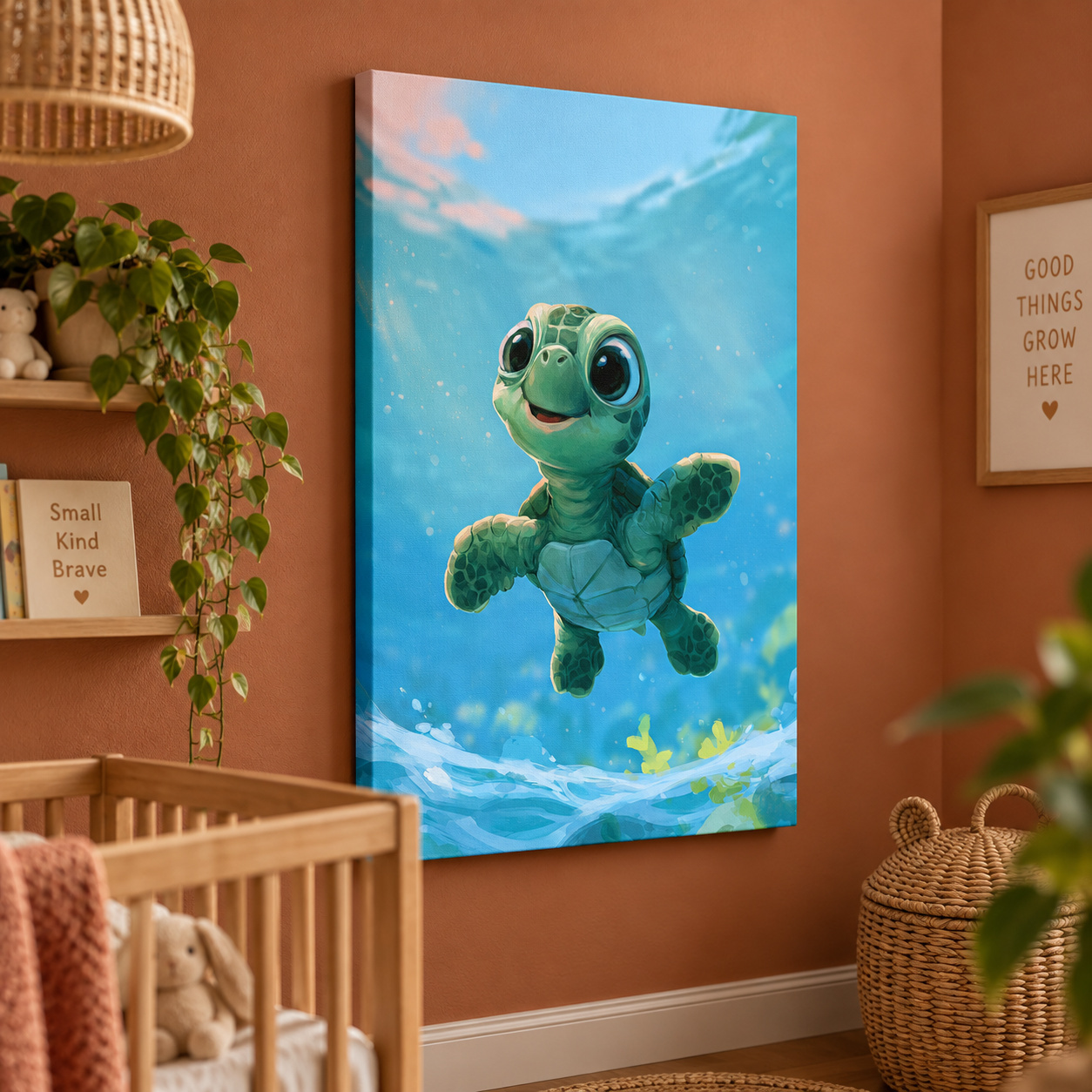 Mockup: Cute Baby Sea Turtle Painting - Underwater Nursery Marine Life Art