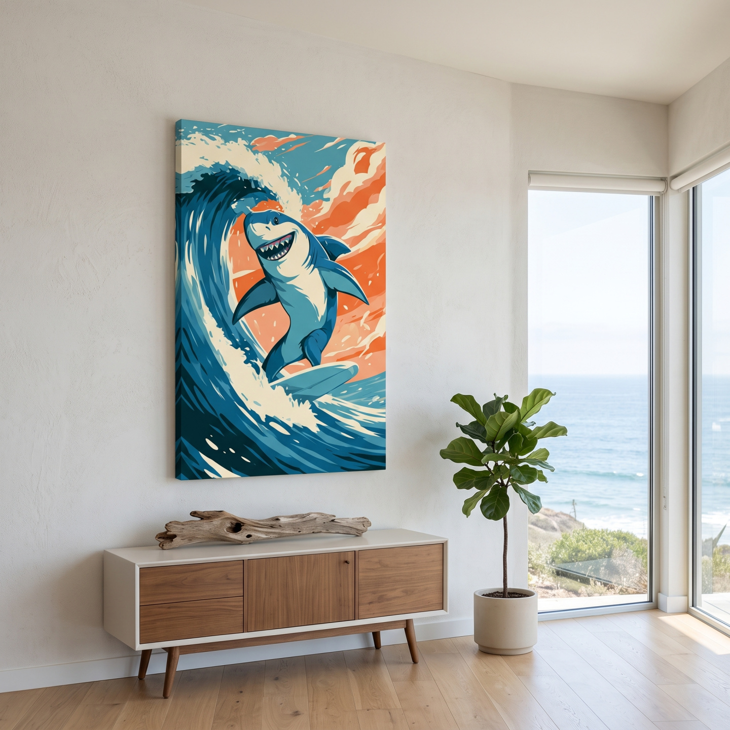 Mockup: Happy Surfing Shark Vector Illustration - Quirky Marine Life Wall Art