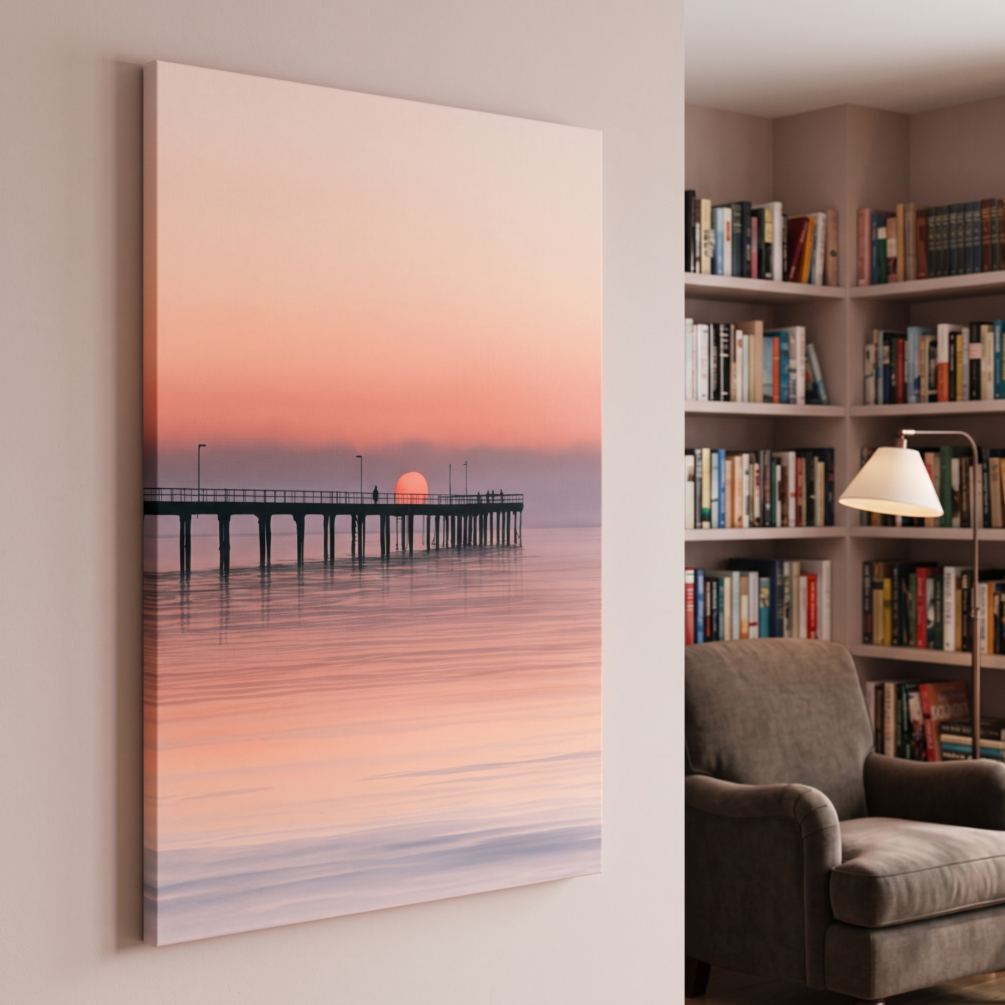 Mockup: Sunset Pier Silhouette Watercolour - Tranquil Ocean Horizon Wall Art