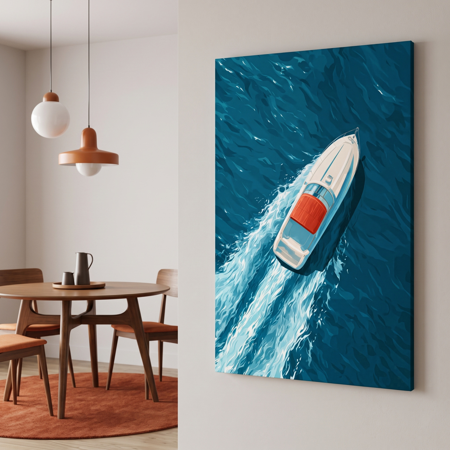 Mockup: Aerial Speedboat Illustration - Mid-Century Ocean Wall Art