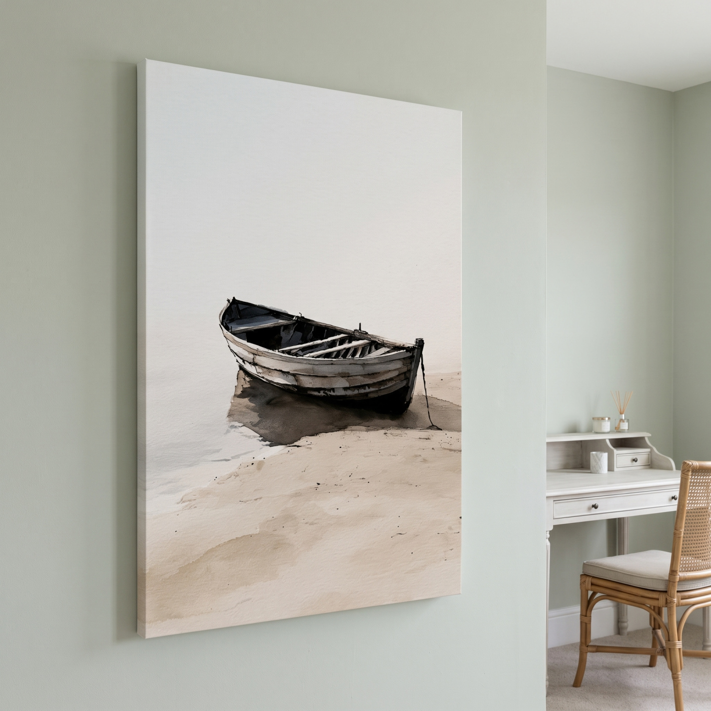 Mockup: Misty Weathered Rowboat Watercolour - Minimalist Beach Wall Art