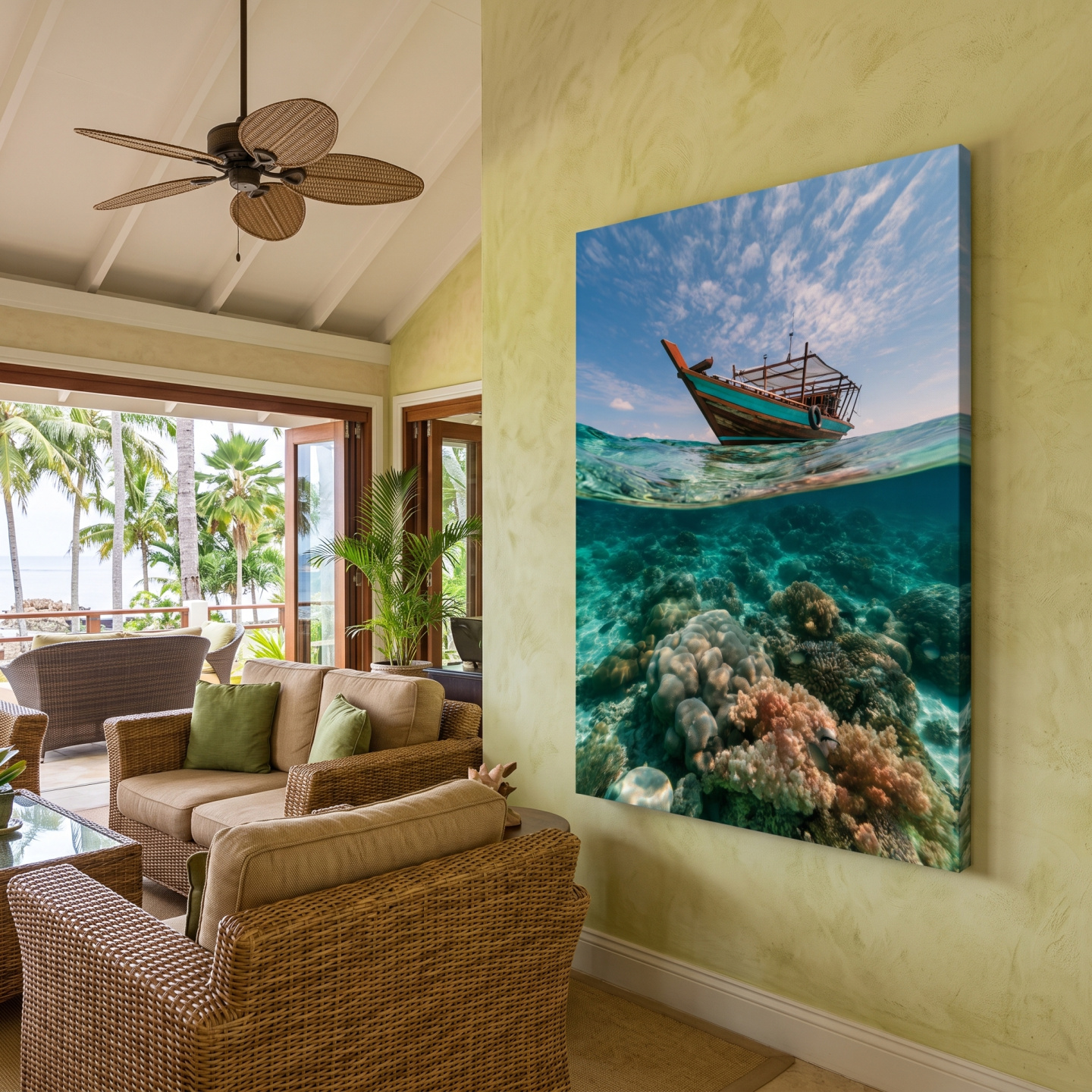 Mockup: Surreal Tropical Fishing Boat Coral Reef - Underwater Wall Art