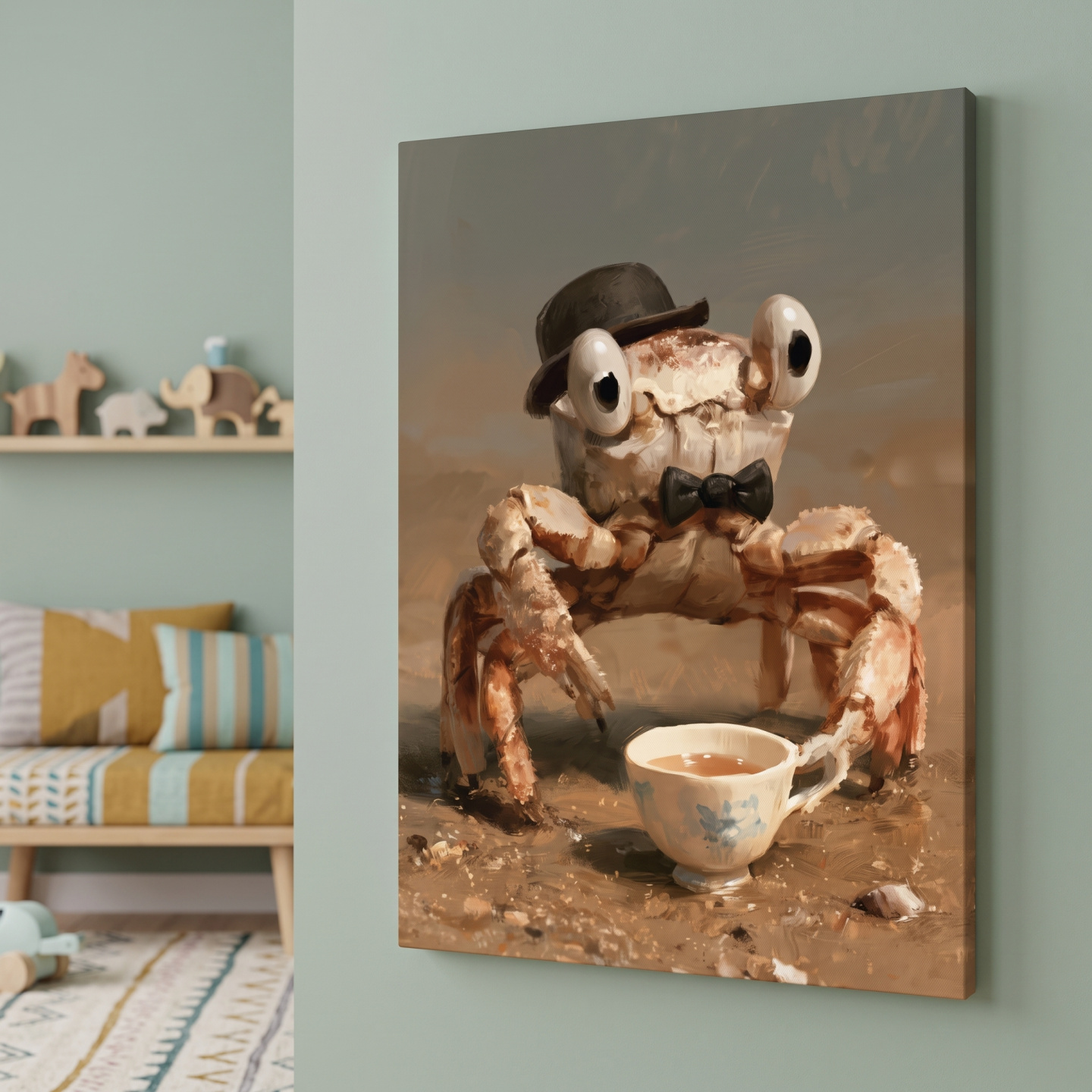 Mockup: Whimsical Dapper Crab Tea Party - Folk Art Painting Wall Art