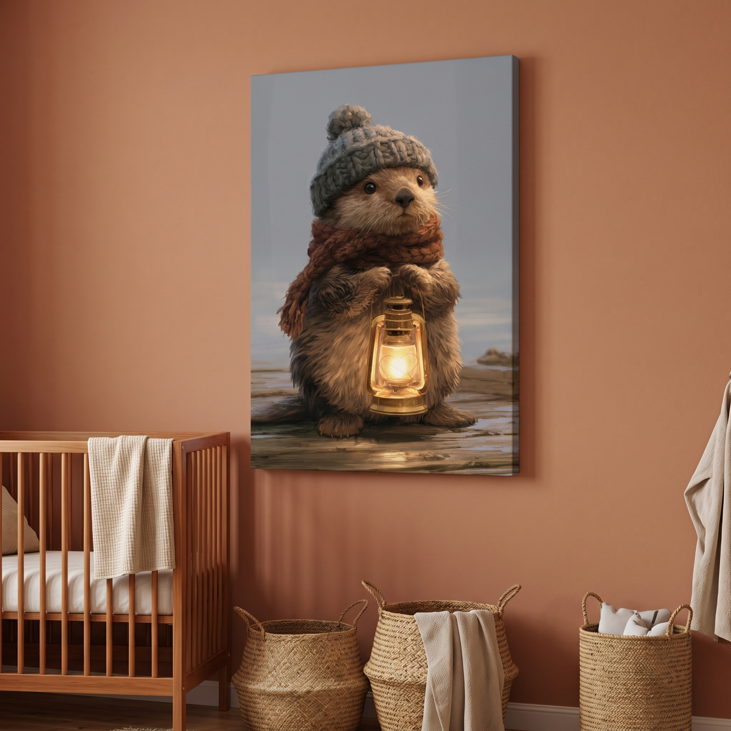 Mockup: Whimsical Sea Otter Lantern Painting - Cozy Marine Life Wall Art