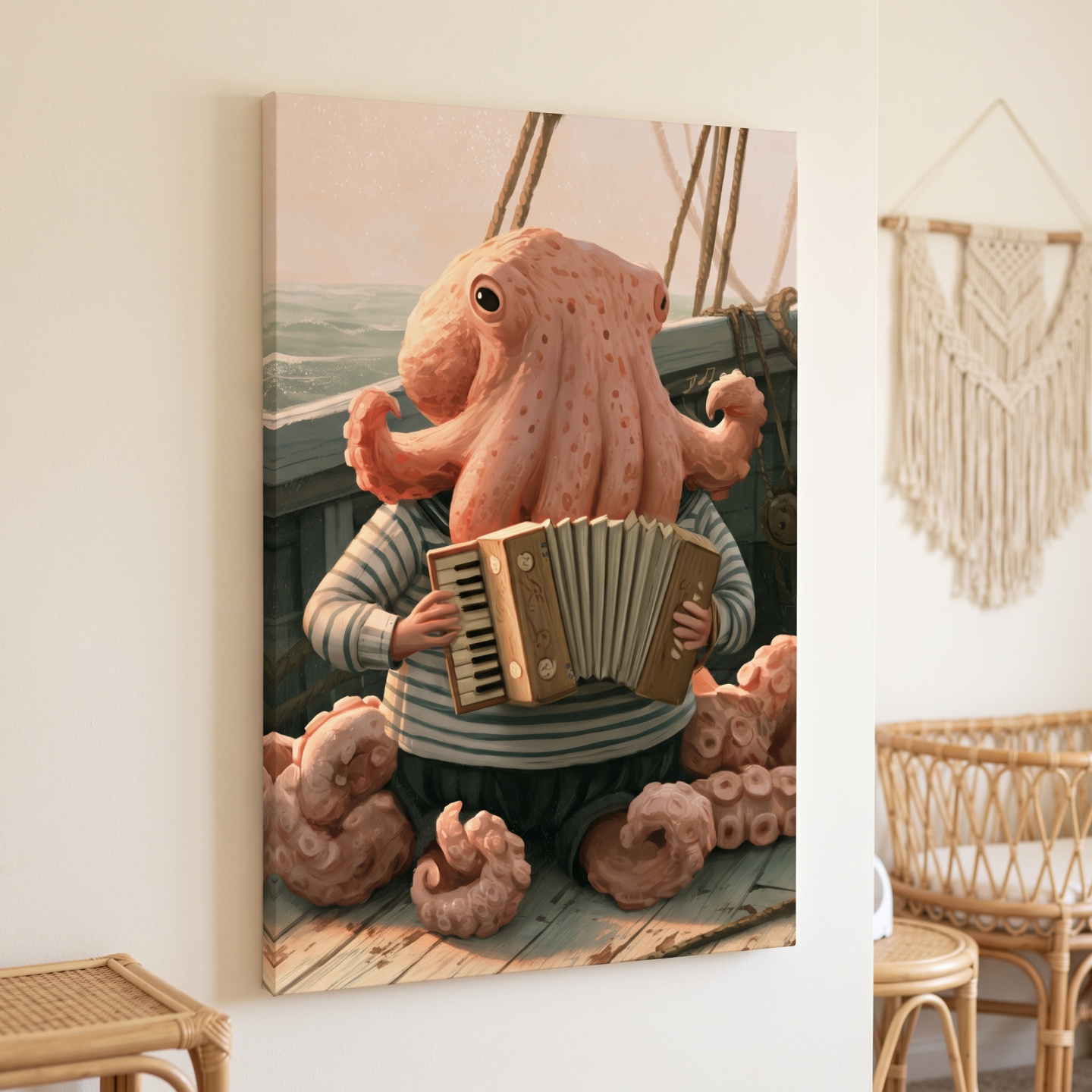 Mockup: Whimsical Scandi Octopus Accordion Player - Nautical Folk Art Painting