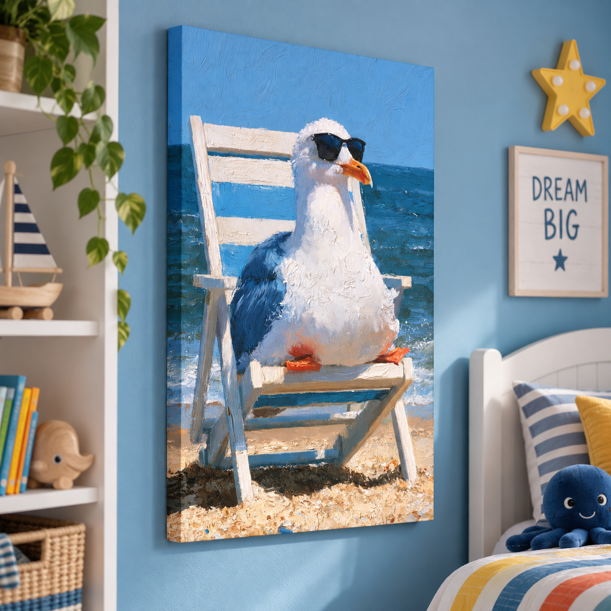 Mockup: Quirky Seagull In Sunglasses Painting - Ocean Birds Wall Art