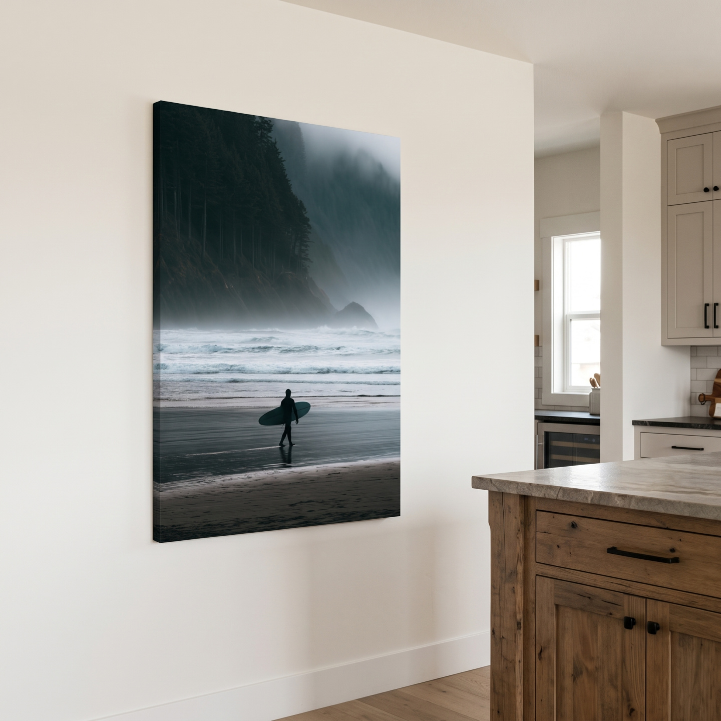 Mockup: Misty Cold Water Surfer - Photographic Beach Wall Art