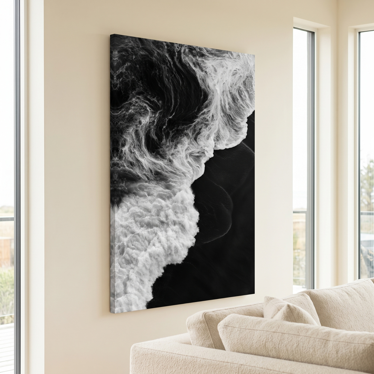 Mockup: Aerial Abstract Ocean Waves - Black And White Photographic Wall Art