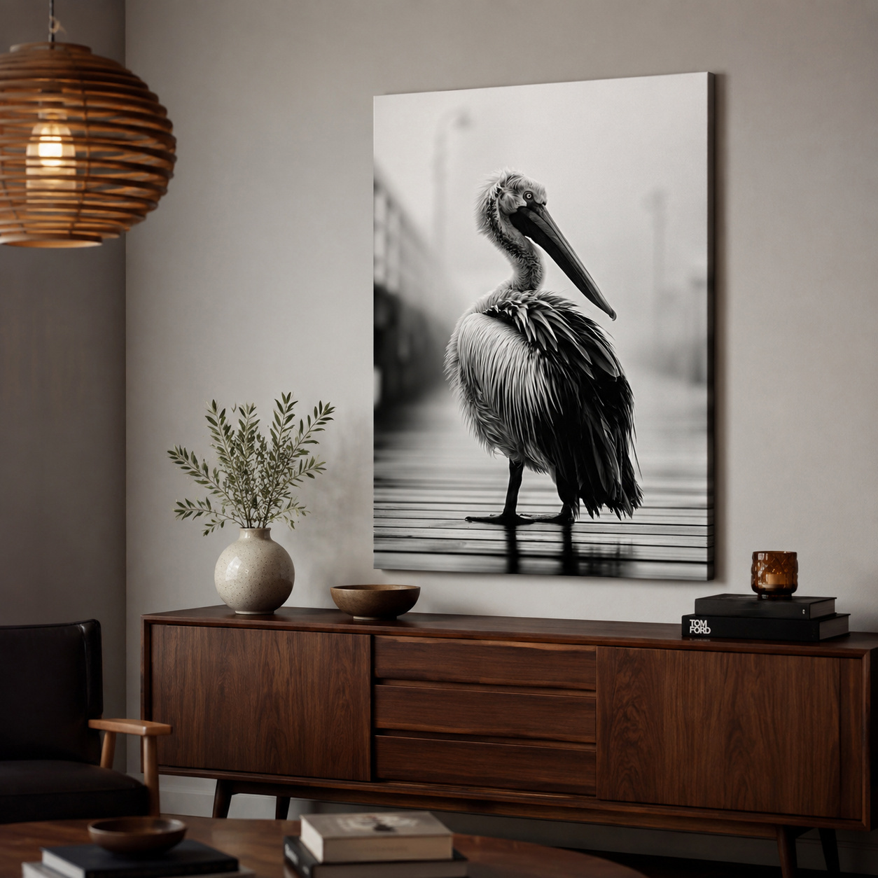 Mockup: Misty Pelican Pier Portrait - Minimalist Photographic Bird Wall Art