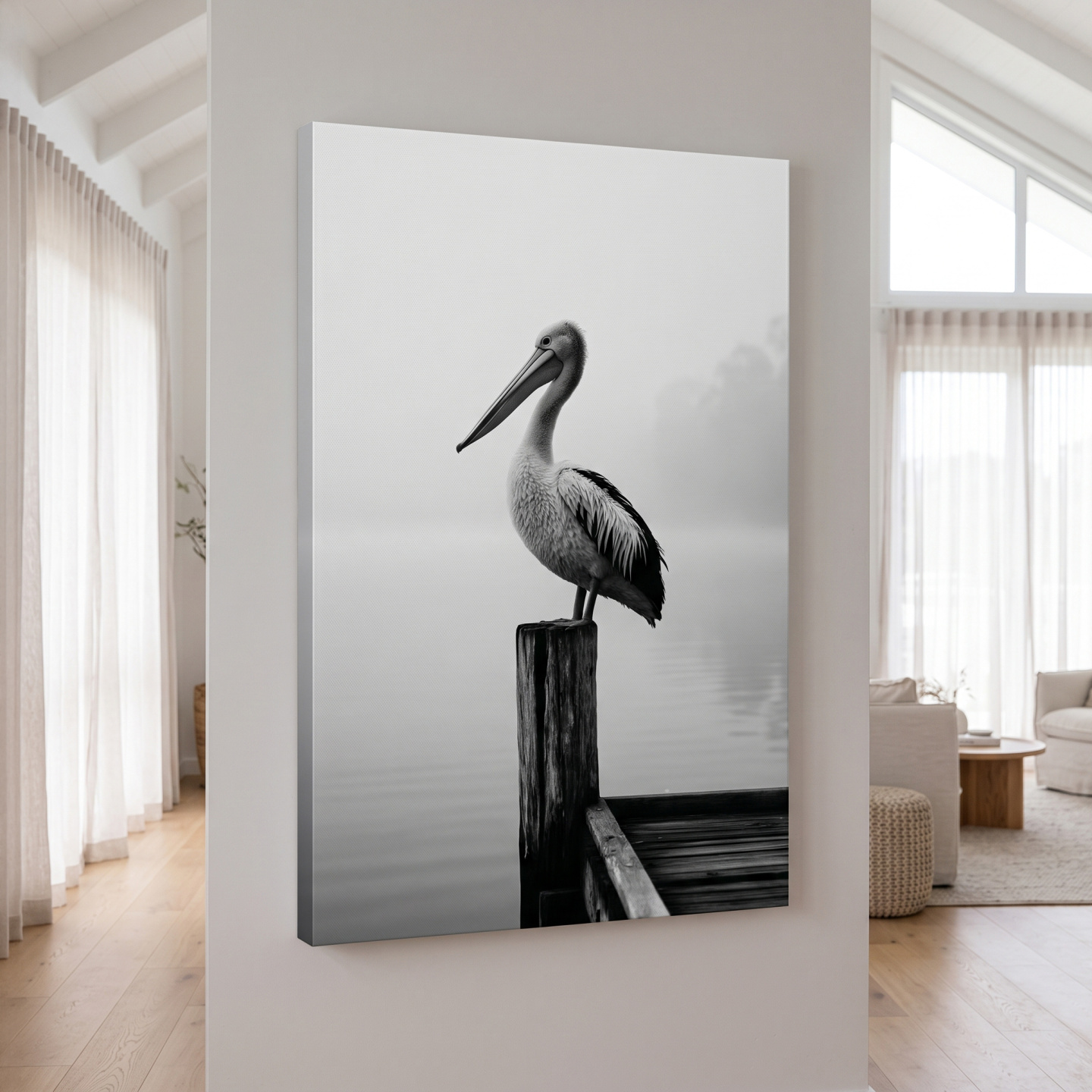 Mockup: Misty Pelican On Pier - Minimalist Photographic Wall Art