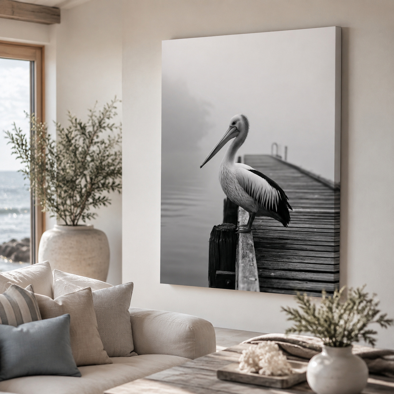 Mockup: Minimalist Pelican On Pier - Photographic Wall Art