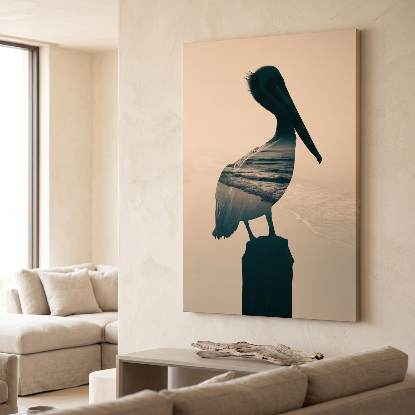 Mockup: Pelican Double Exposure Silhouette - Minimalist Beach Photographic Wall Art