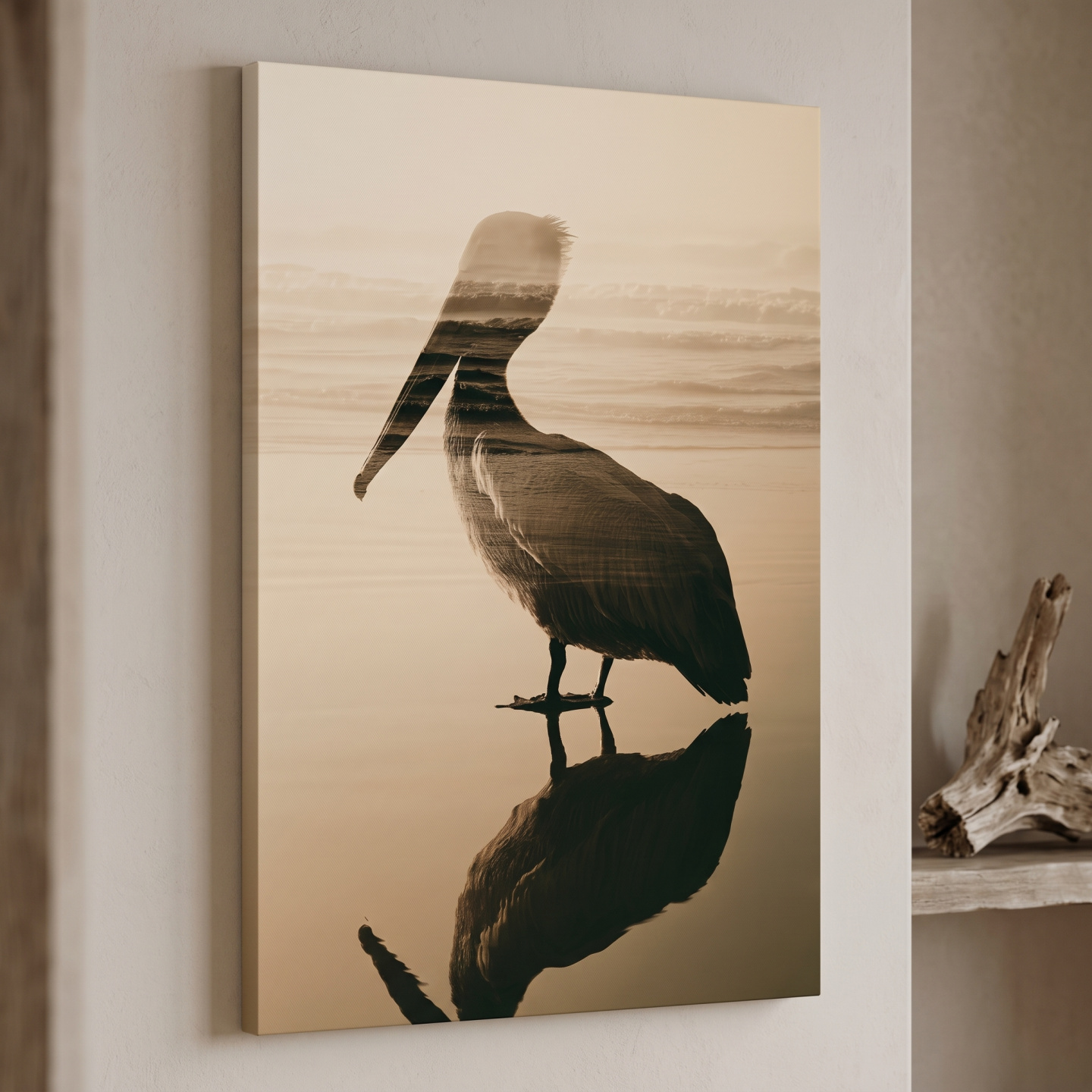 Mockup: Pelican Double Exposure Silhouette - Minimalist Beach Photographic Wall Art