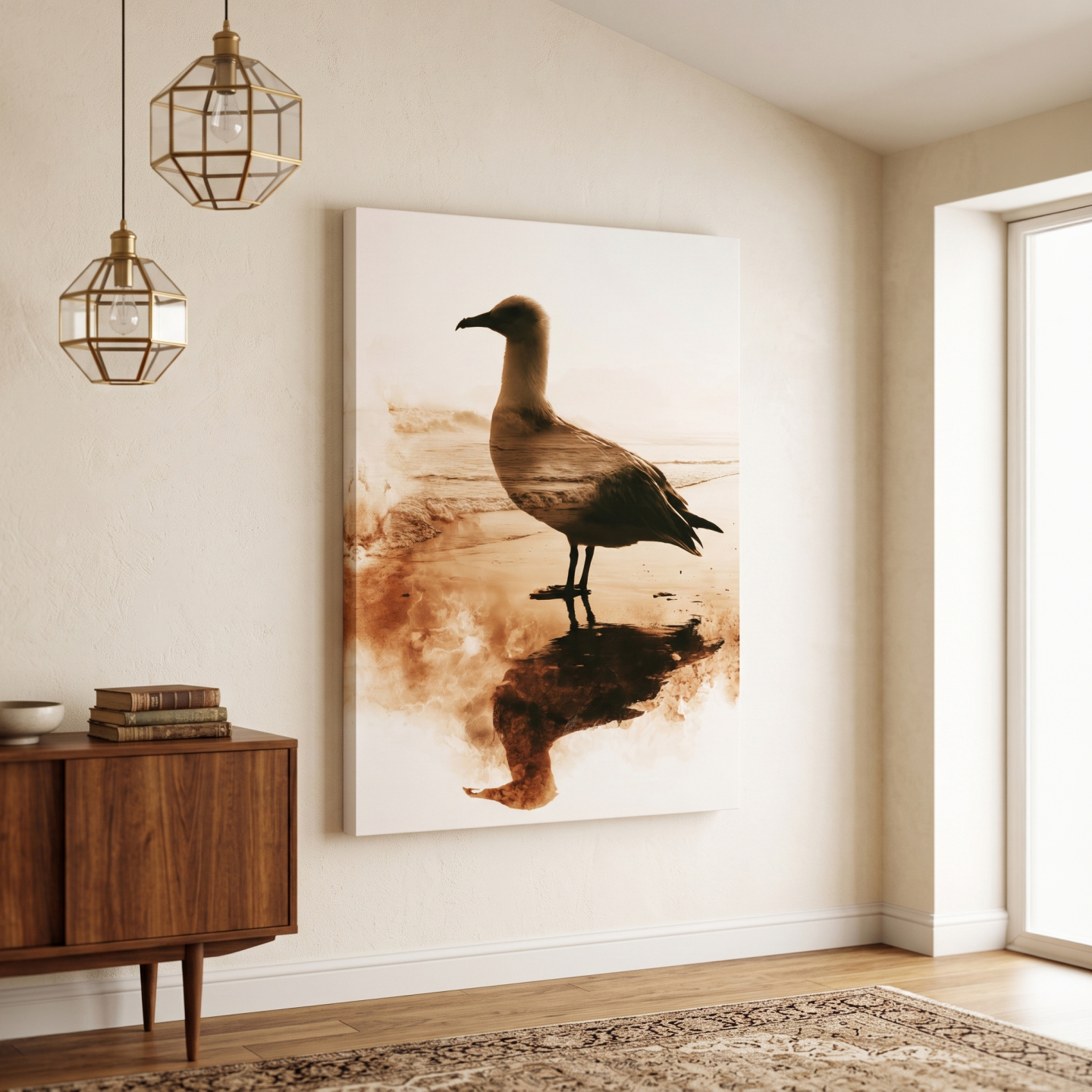 Mockup: Seagull Double Exposure Beach Silhouette - Minimalist Photographic Wall Art