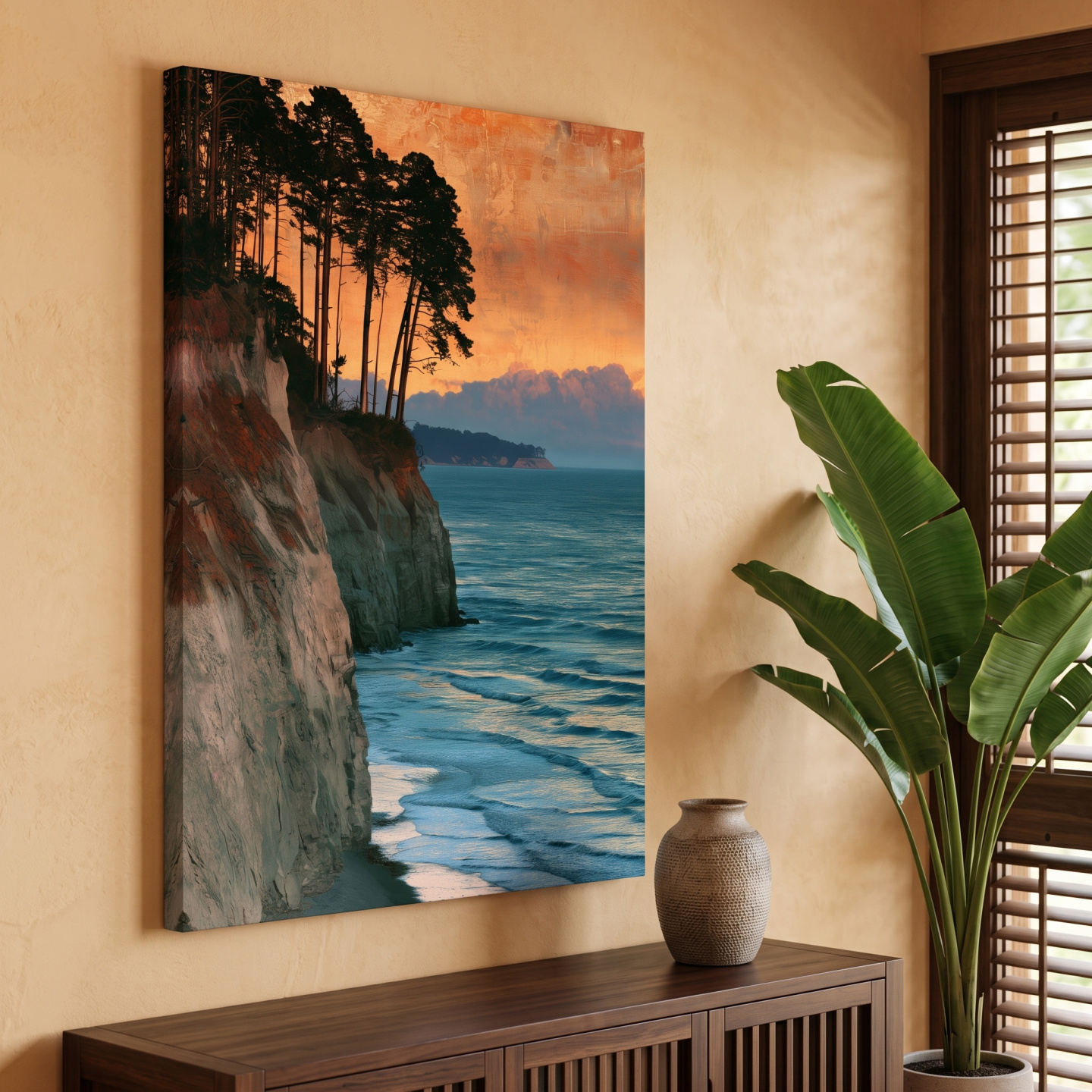 Mockup: Sunset Coastal Cliffs And Pine Trees - Abstract Illustration Wall Art
